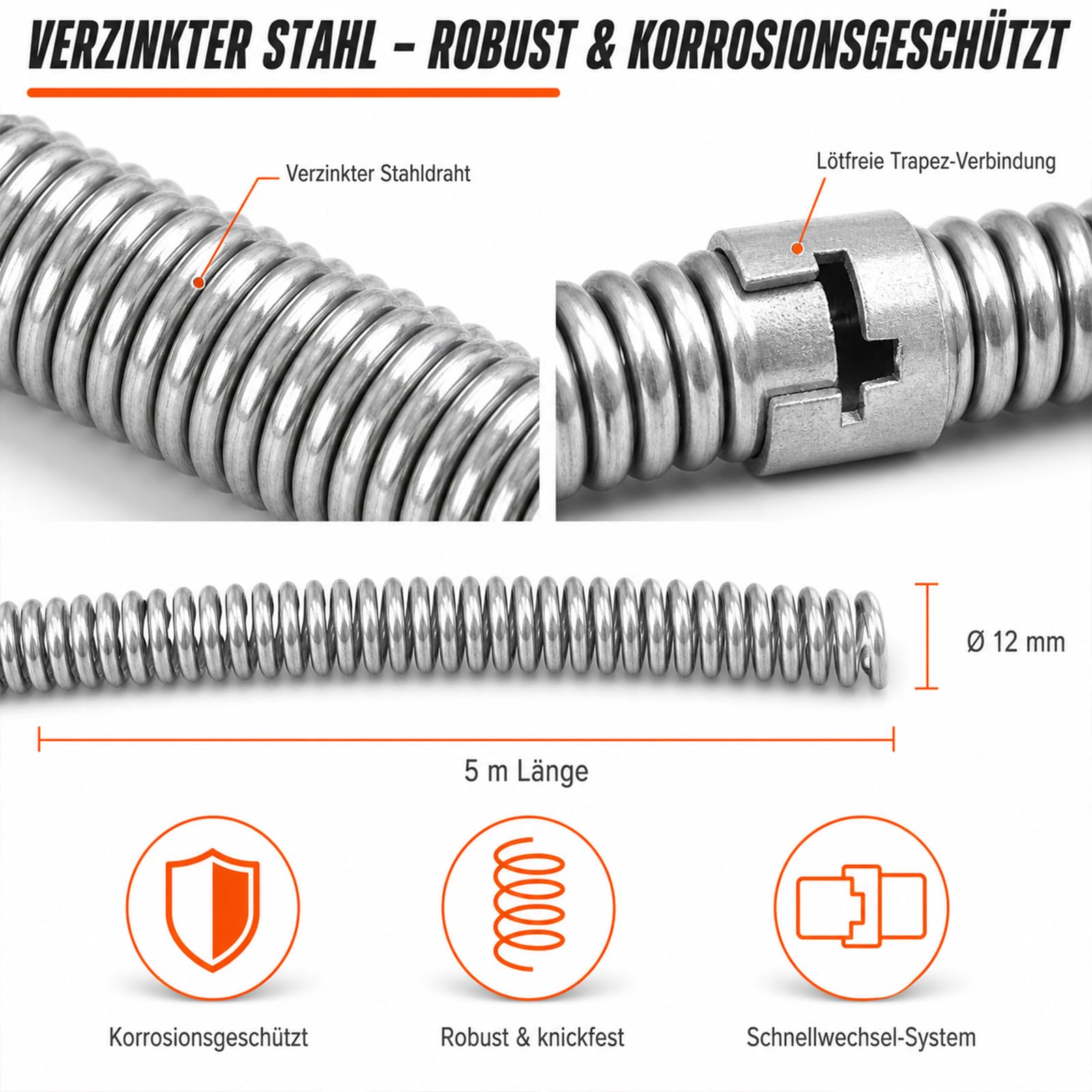 5M - Espiral para limpieza de tuberías (12 mm, con 6 cabezales de corte)