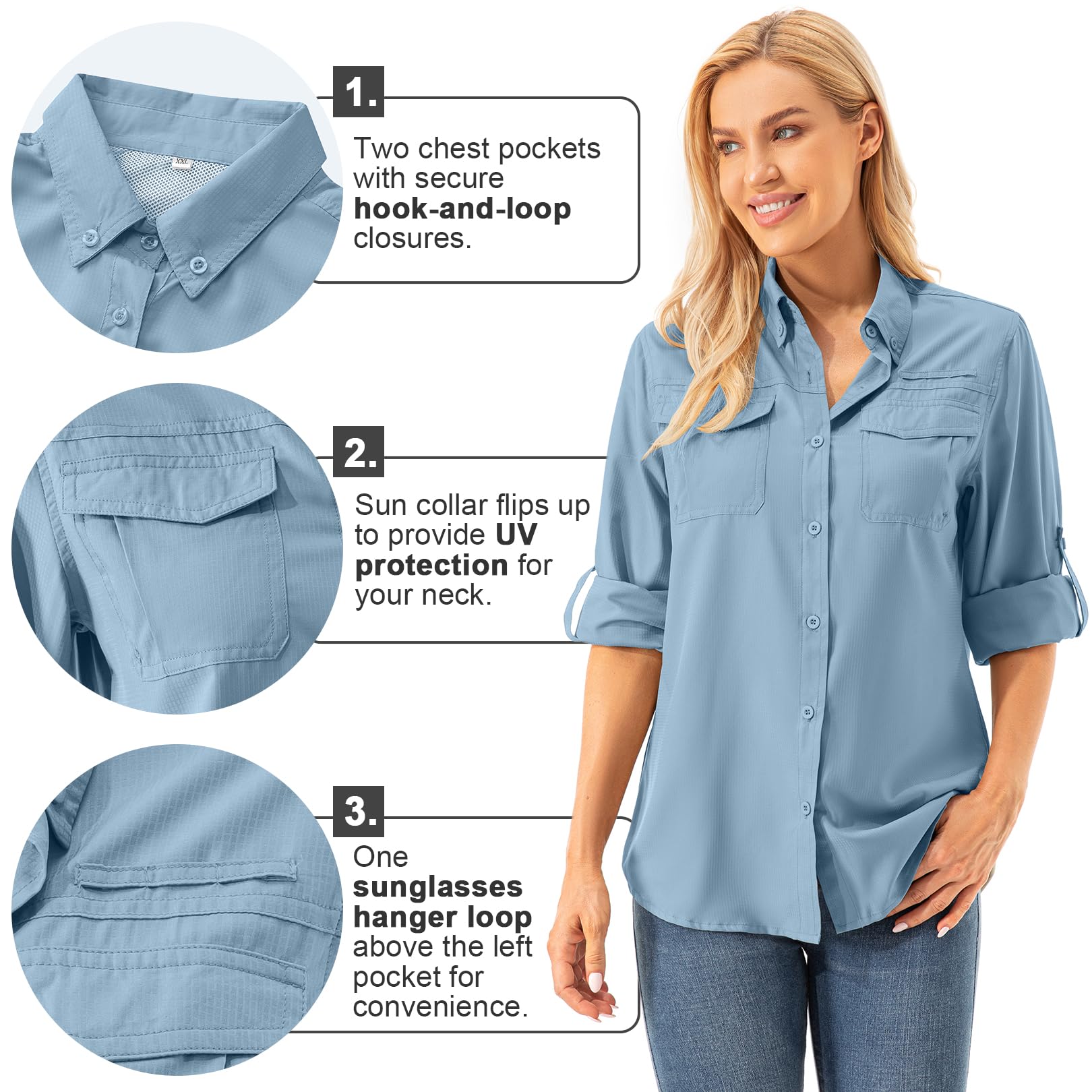 T-shirt à manches longues pour femme, protection solaire UPF 50, séchage rapide, idéal pour la pêche, la randonnée, les voyages