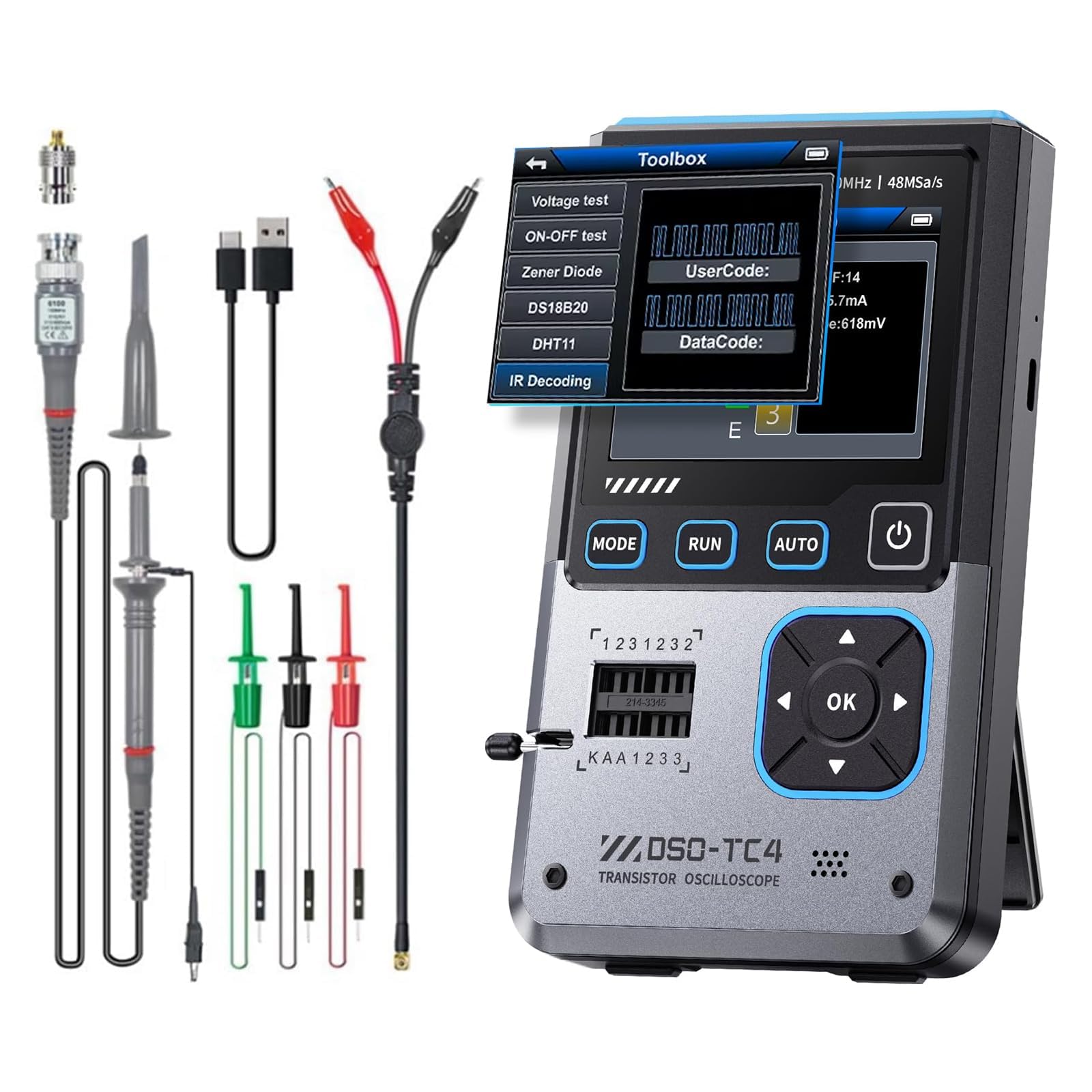 DSO-TC4 3-in-1 Oscilloscope Transistor Detector Signal Generator 10MHz Bandwidth,Sampling Rate 48MSA/S,Voltage,Diode,Capacitor,Resistor.-image-25