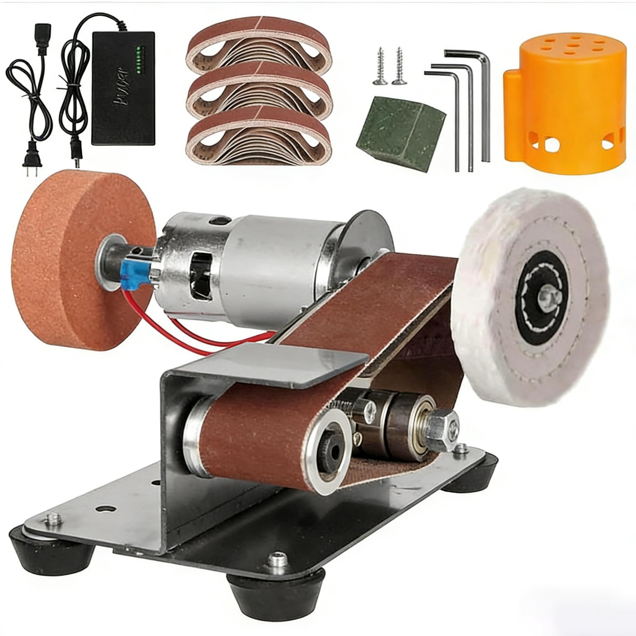 Lijadora de banda eléctrica, lijadora de banco de 15 grados con 30 bandas de lijado, 7 velocidades ajustables, para manualidades, herramientas y cuchillos de metal y madera
