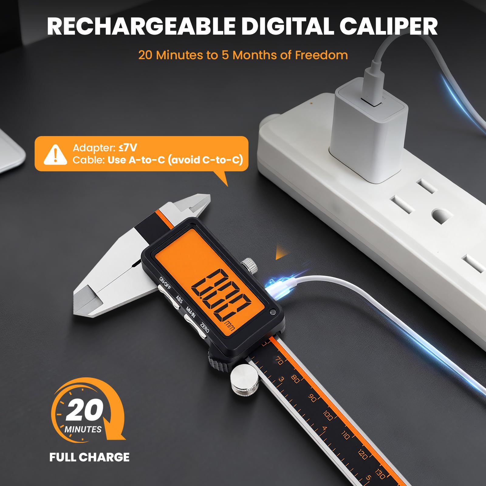 HARDELL Digital Caliper, Rechargeable Digital Caliper with Large Orange Screen - Anti-Glare LCD & ABS Function, Auto-Off Digital Micrometer, Inch/Metric Stainless Steel Micrometer for DIY, Workshop