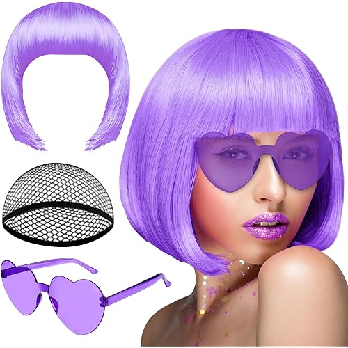 PLULON Purple Bob Wig and Sunglass Set, Neon Short Bob Wig Sunglass Pack Costume Colorful Cosplay Hairpieces for Bachelorette Neon Party Favors, Halloween Decorations