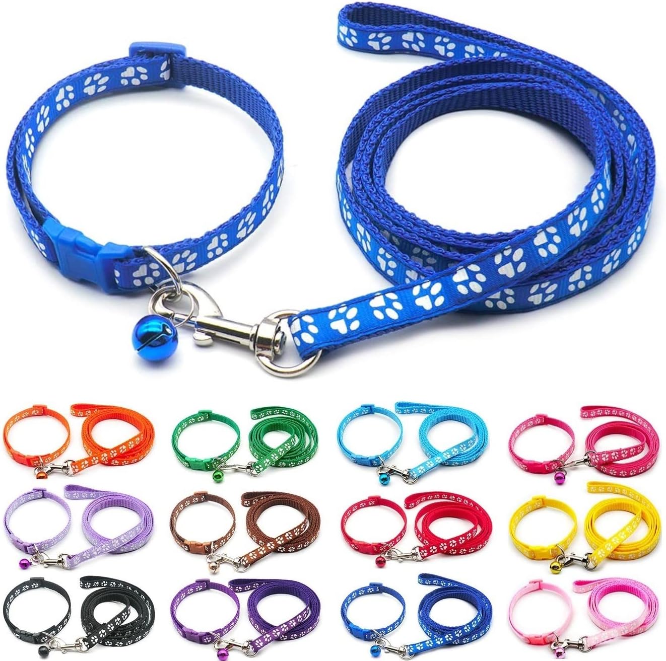 Small Dog Puppy Pet Collar and Lead Set Pawprint Design Nylon Adjustable Size 19-32cm Collar with Bell and 120cm Leash Blue