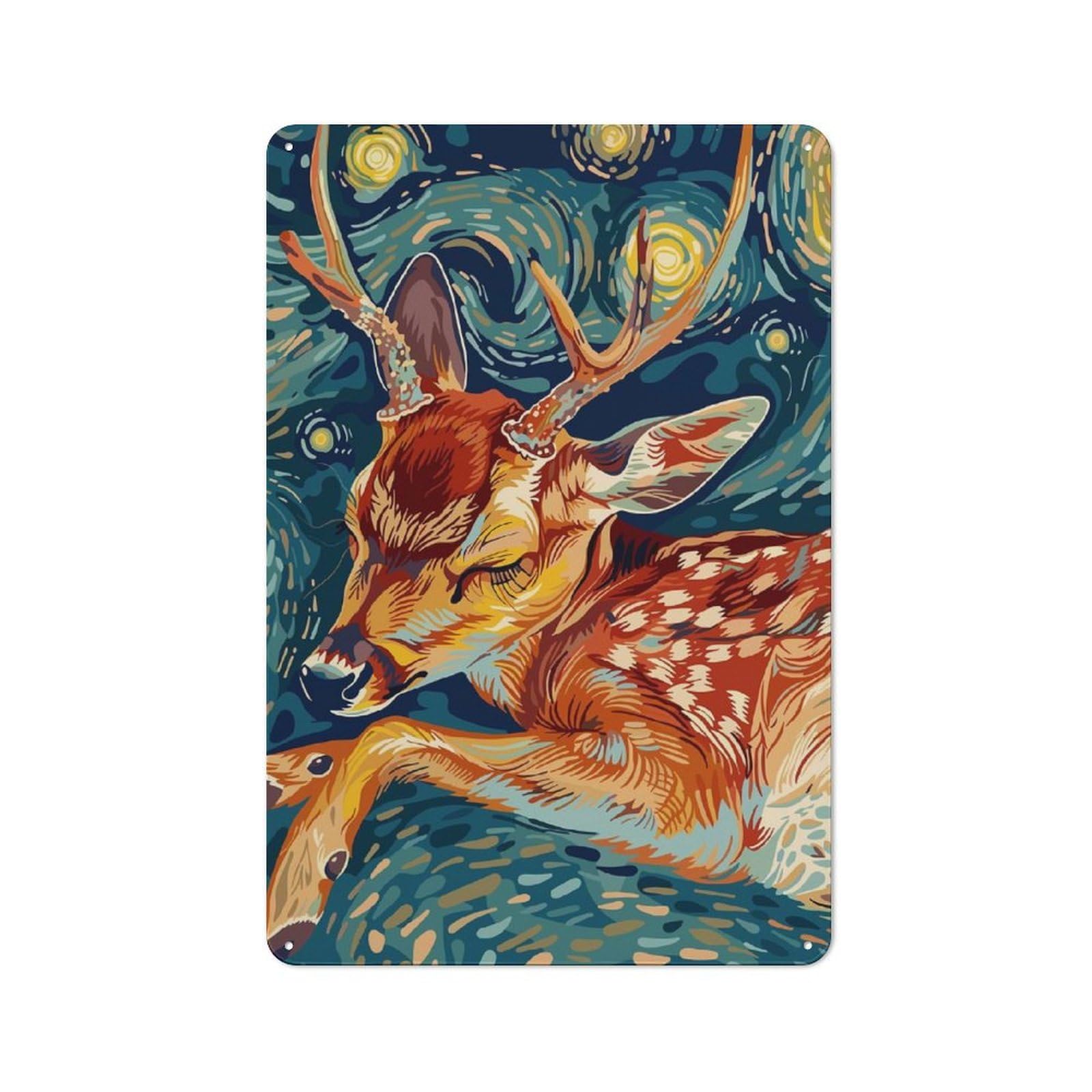Junmoney Deer In Starry Night Style Metal Wall Sign With Design 30X20cm, Vintage Industrial Wall Art For Workshop, Basement, Shed Or Games Room