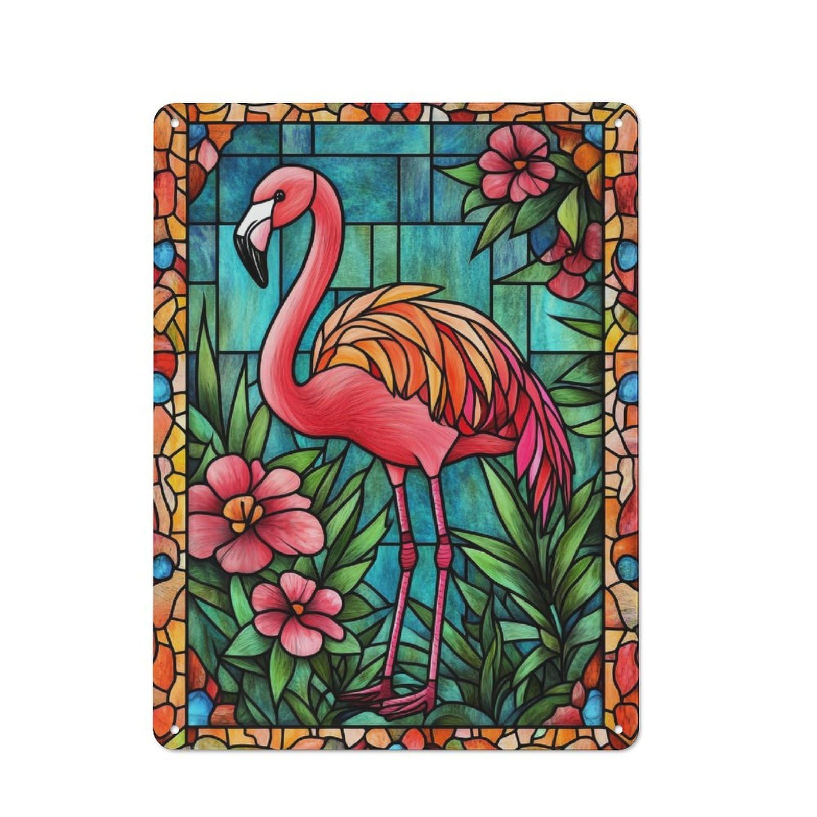 Junmoney Stained Glass Flamingo Tin Wall Plaque 40X30cm With For Hobby Room Or Studio, For Home Interiors, Feature Walls And Decorative Displays
