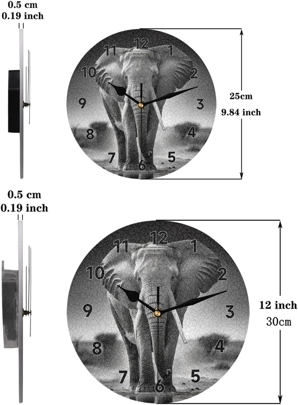 Wall Clock Silent African Elephant Non Ticking Battery Operated Decorative Clock for Living Room, Bedroom,Kitchen,Farmhouse,Office,Home Decor-12 Inch