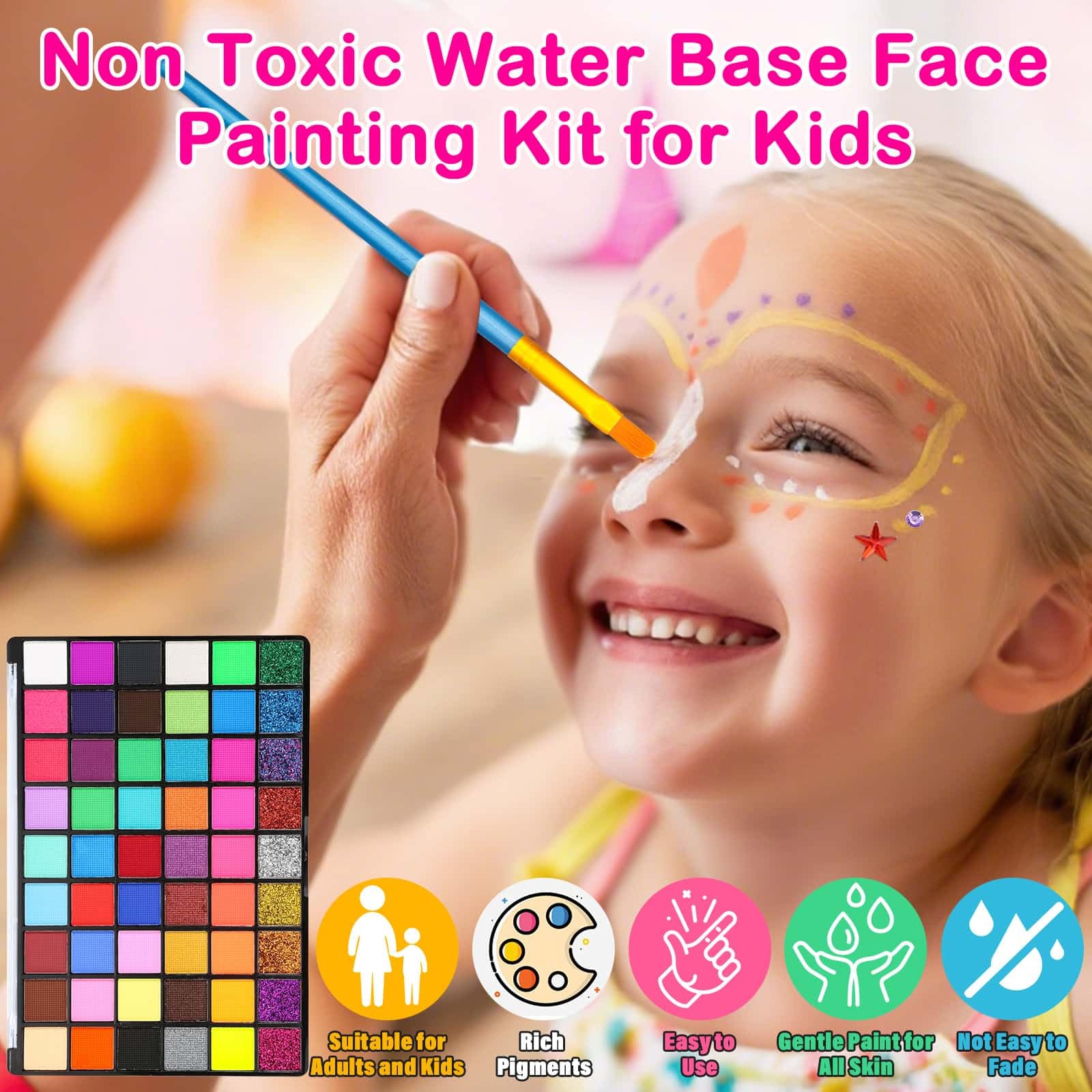 Kit profesional de pintura facial para niños y adultos, kit de maquillaje de cosplay activado por agua de 54 colores, pintura corporal no tóxica con plantillas, gemas, pinceles, para Halloween 2