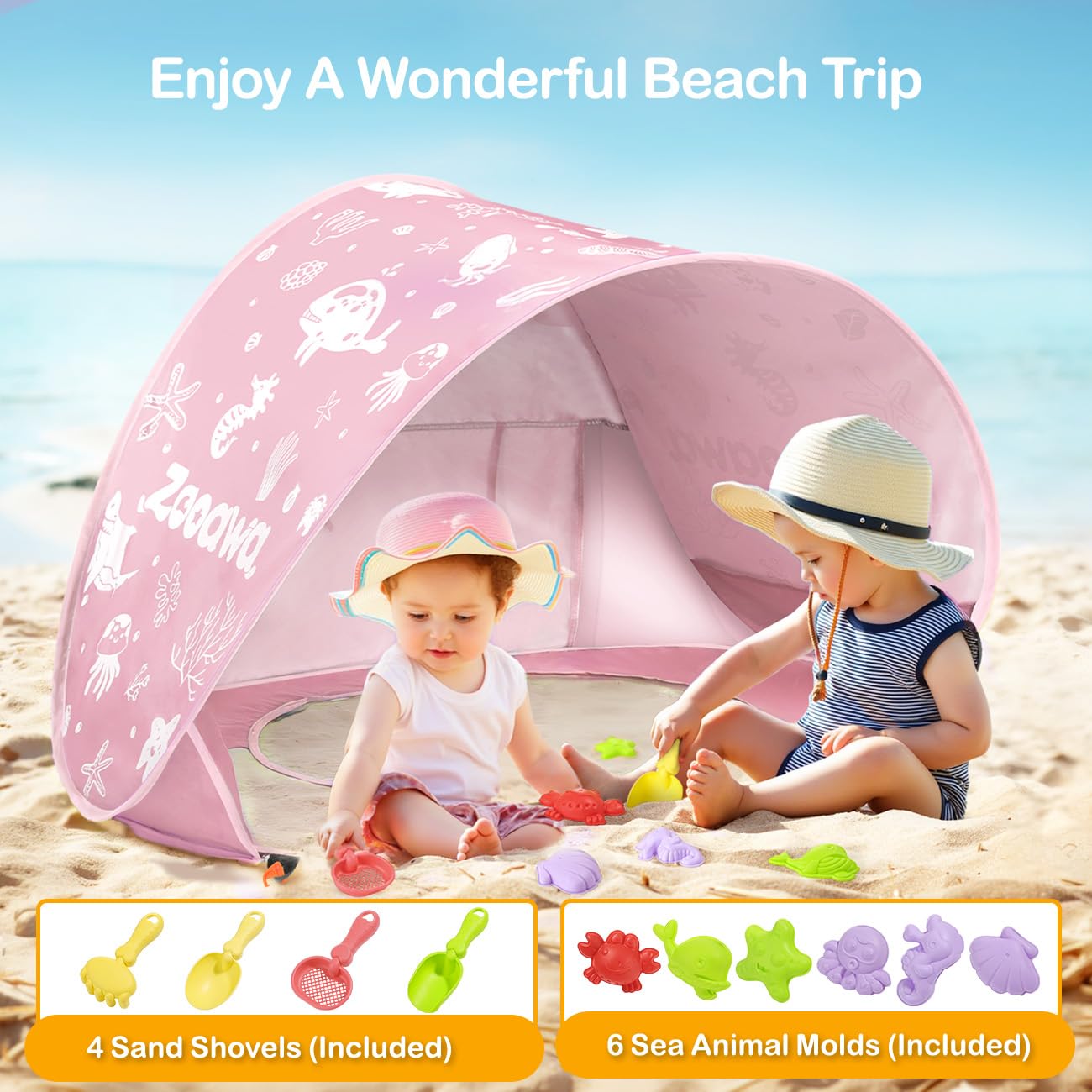 Tienda Playa Bebe, Pop up Tienda de Bebé con Piscina, Refugio Solar Carpa Playa Bebe Plegable Portátil Protección Sol para Infantil con Juego de Juguetes de Arena de Playa