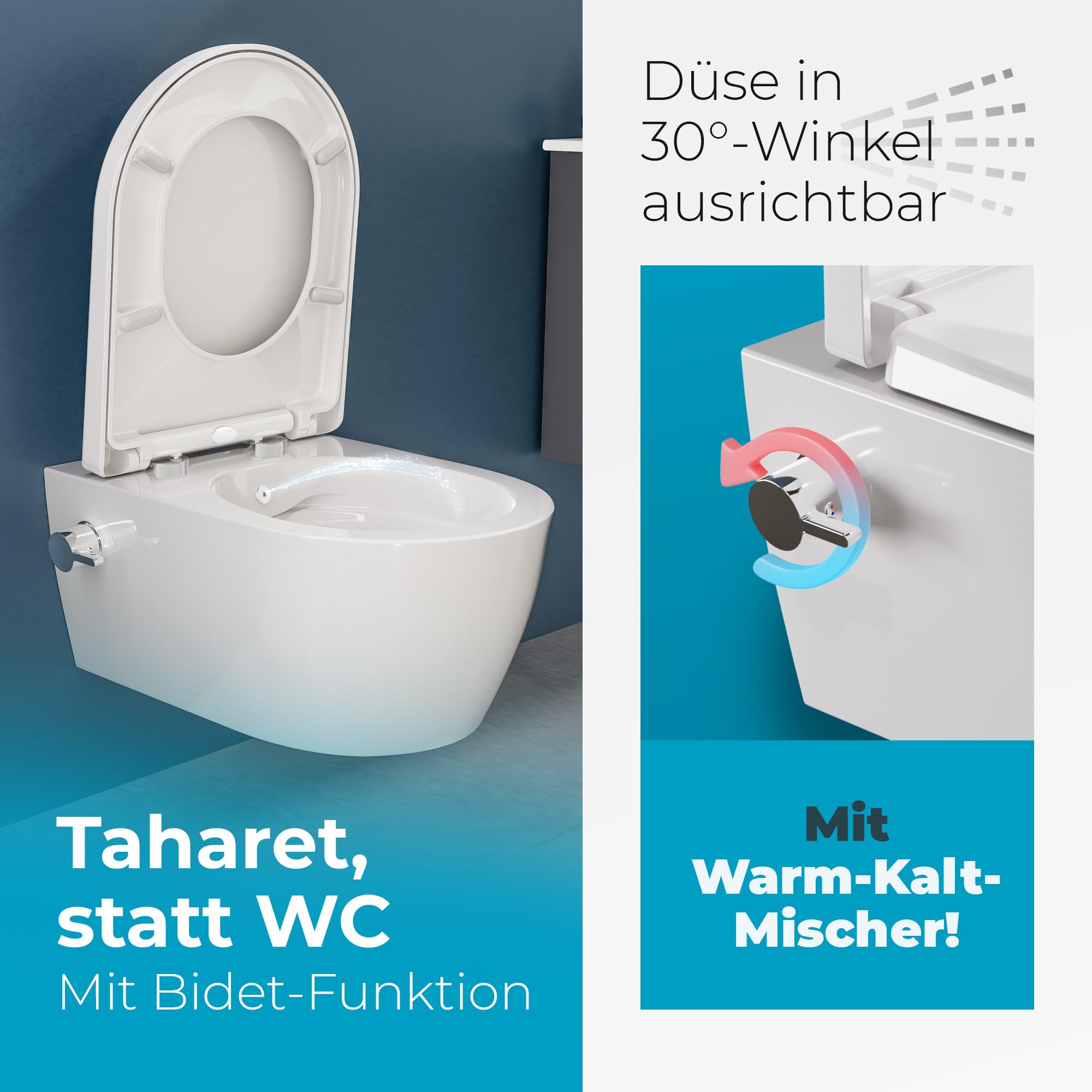 WC Taharet senza brida con rubinetteria, sedile Softclose removibile e rivestimento doccino/WC, toilette con doccino intimo con funzione bidet, Shattaf