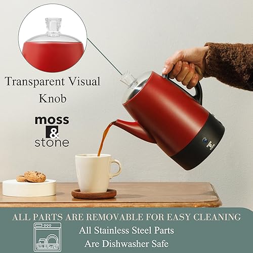 Miniatura 6 de Moss & Stone Percoladora de café eléctrica, cuerpo rojo con tapa de acero inoxidable, cafetera eléctrica percoladora, cafetera roja para campamento,