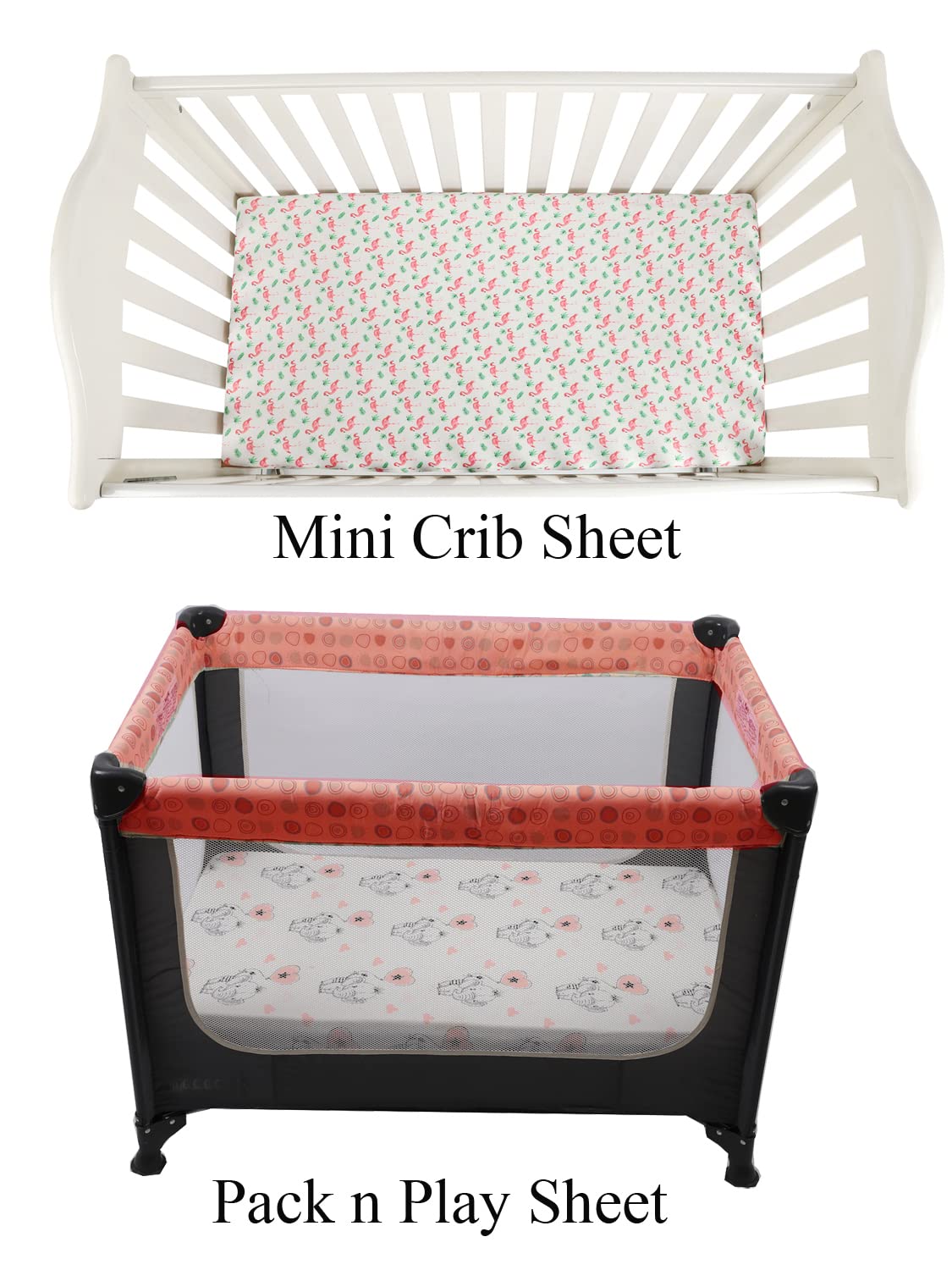 Tontukatu Pack n Play Sheet Stretchy Fitted Portable Mini Crib Sheets Set 3 Pack,Playard Sheets Convertible Playard Mattress Cover,Ultra Soft Jersey Material,Flamingo Elephant & Lion