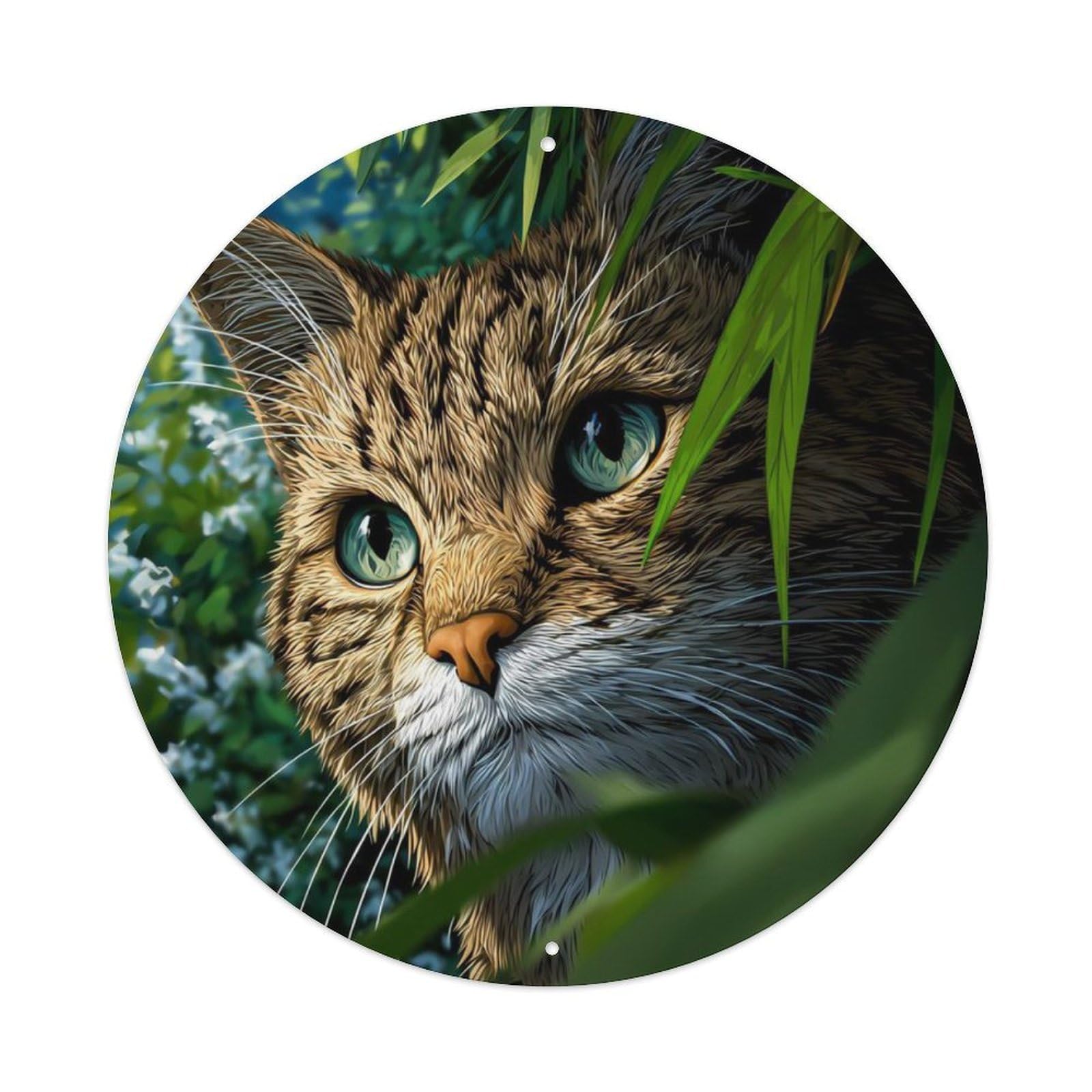 Animal Tabby Cat Green Foliage Vintage Metal Tin Sign Plaque Wall Decor for Cafe, Club Bar, Office, Garden Metal Poster 8x8Inch