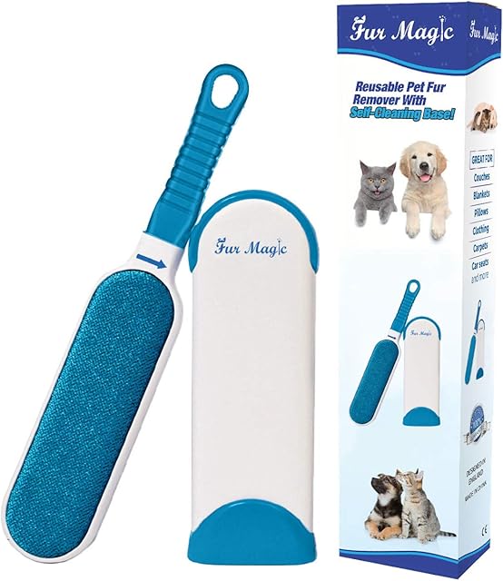 Fur Magic Pet Hair Remover Lint Brush With Self-Cleaning Base, Improved Handle, Double-sided Fur Brush for Dog and Cat
