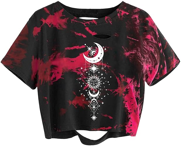 Remidoo Women's Casual Short Sleeve Graphic Print Tie Dye Crop Top T Shirt - Medium - Td Red