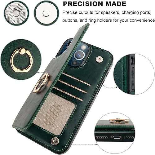 Miniatura 8 de Funda tipo cartera para iPhone 13 Pro Max con soporte para tarjetas, anillo de rotación de 360, función atril, bloqueo RFID, piel sintética, doble