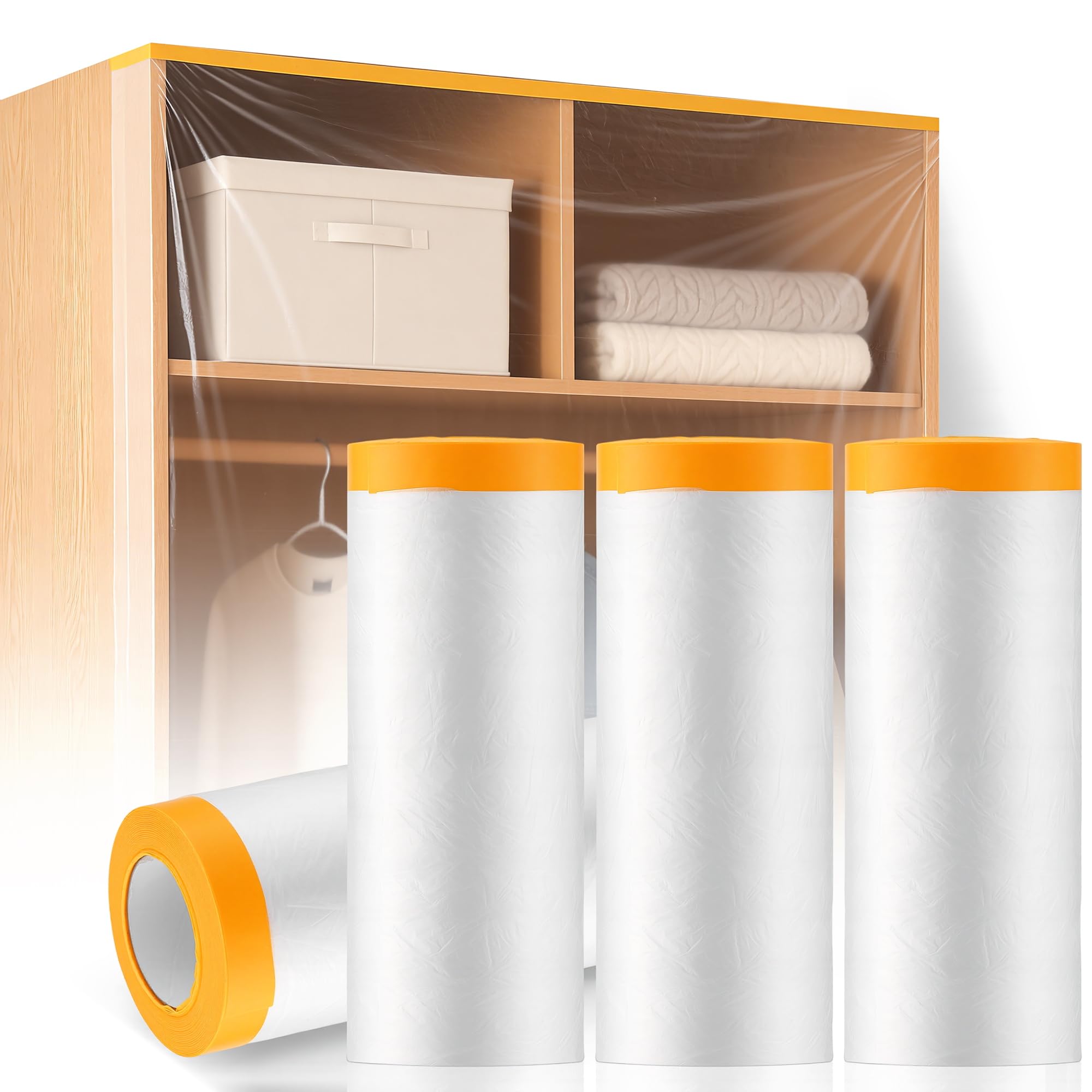 Innvist Dust Sheet Roll, 4 Rolls 2.4M x 20M Tape and Drape Pre-Taped Masking Film, Self-Adhesive Painting Drop Film with Plastic Sheet, Masking Film for Furniture Covering, Spraying Protection