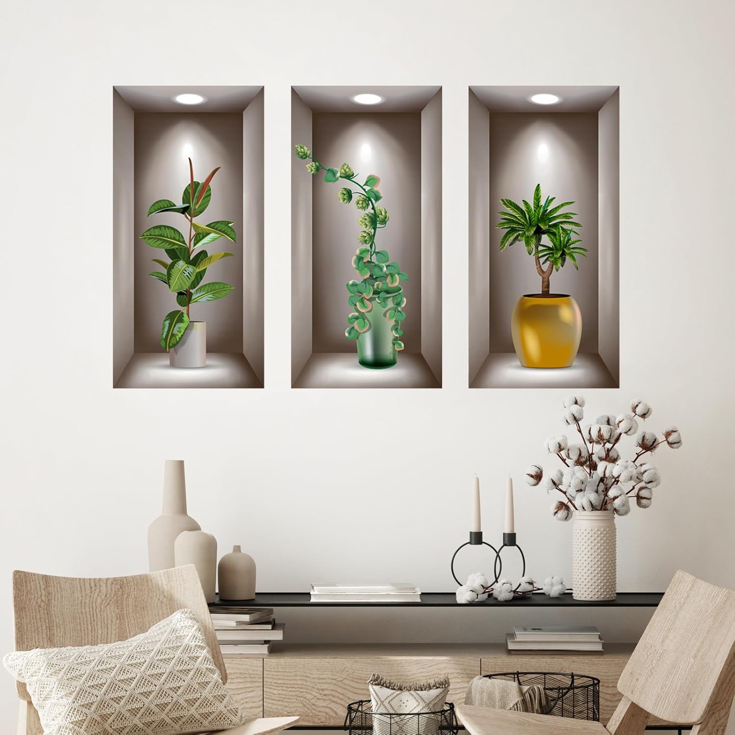 3D Potted Plants Wall Stickers Set of 3 Green Plants Leaves Wall Decals Peel and Stick 3D Magic Wall Art Sticker for Living Room Bedroom Aisle Entrance Sofa Backdrop Yoga Room Home Decor