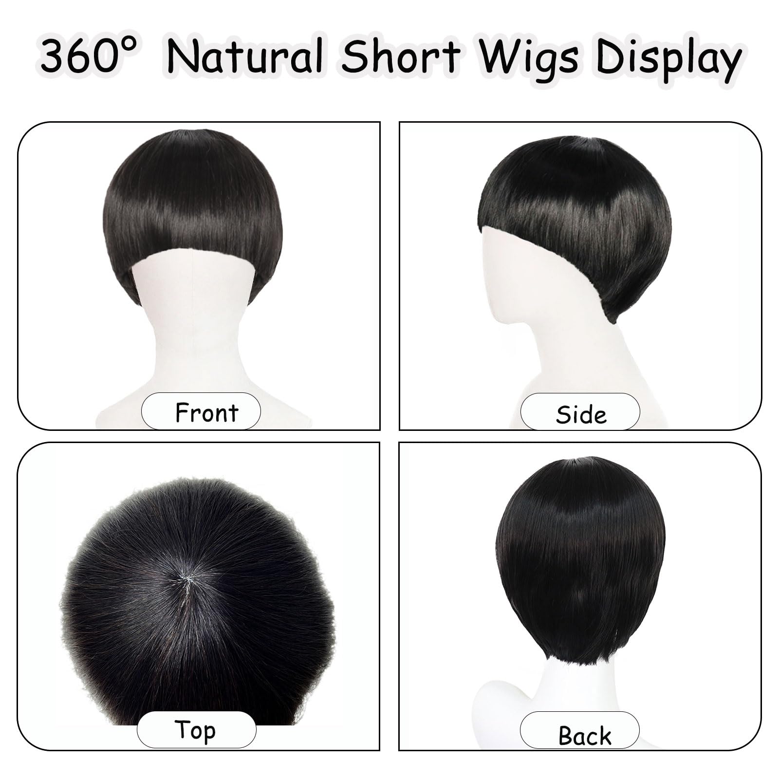 FOUNSHO Bowl Cut Wig For Kids Costume Child Funny Wig Short Black Full Bang Straight Mushroom 60s 70s 80s Bob Nerd Hairs for Boys Girls Daily Halloween Fancy Dress Party World Book Day Cosplay (Black) - Image 3