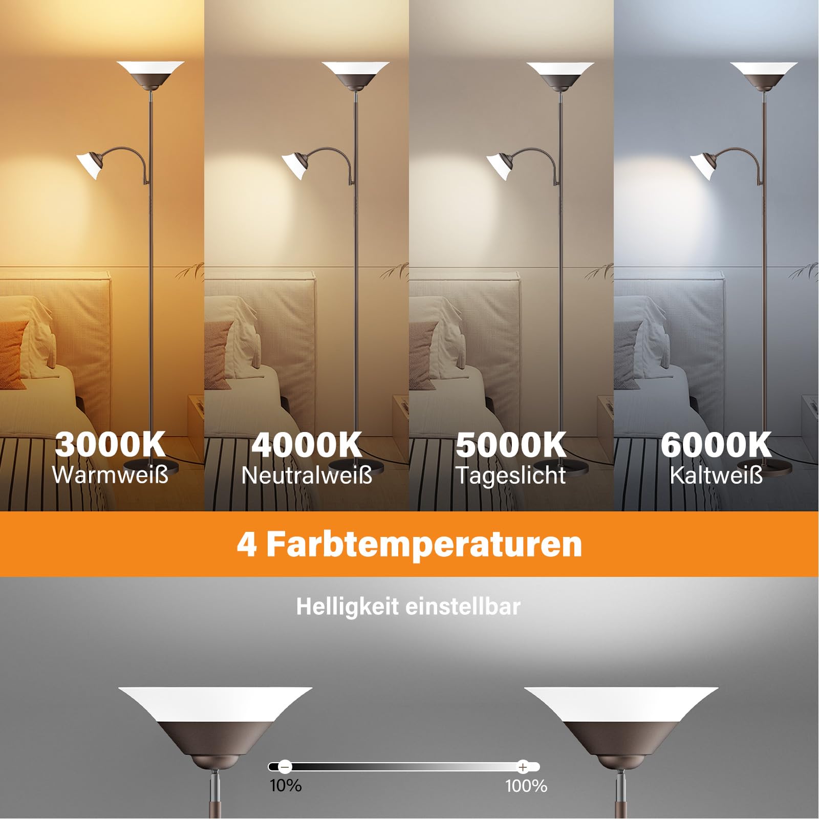 SIBRILLE Stehlampe Wohnzimmer 34W 2100LM Stehlampe LED Dimmbar, Fernbedienung&Touch-Steuerung, 3000K-6500K Stehleuchte Moderne Deckenfluter LED Dimmbar mit Leselampe für Wohnzimmer Büro, Braun
