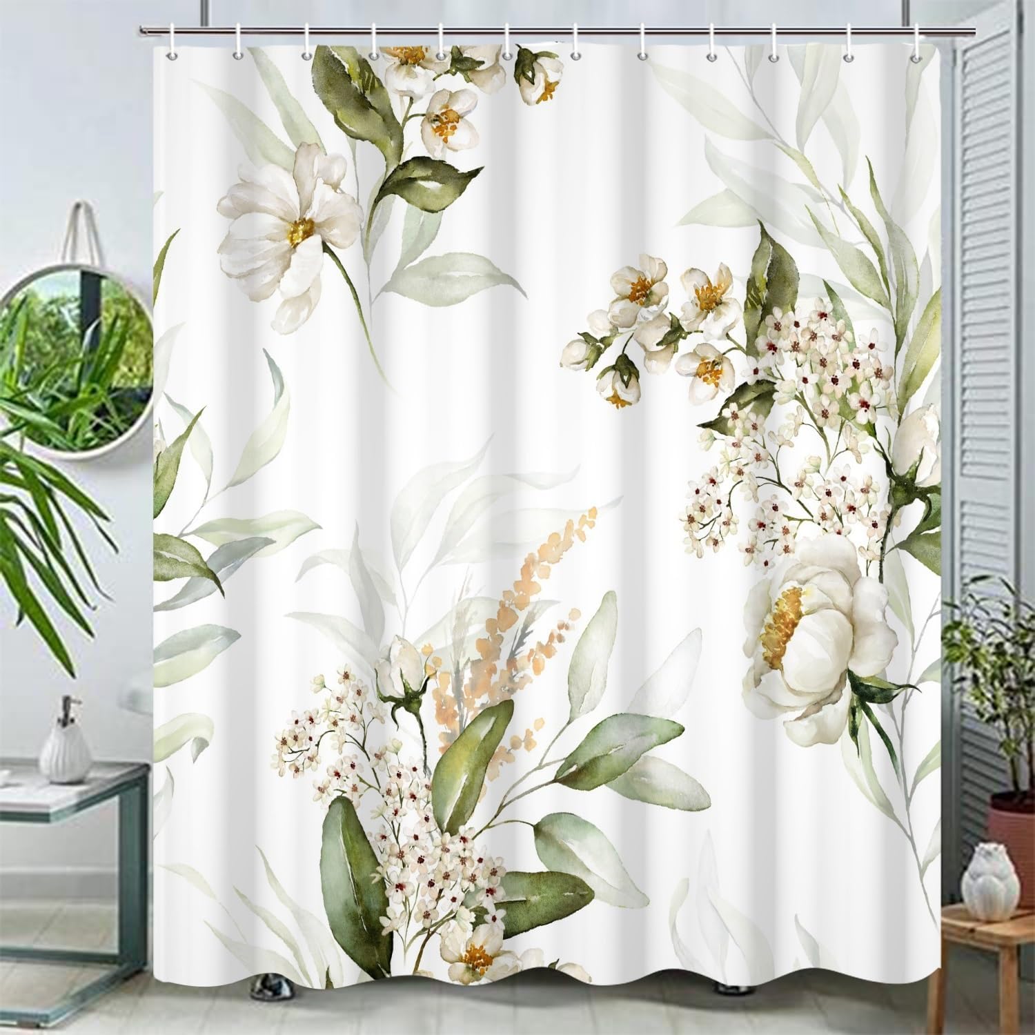 Botanical Shower Curtains 72x72 Inch Watercolor Green Leaves White Floral for Modern Bathroom Decor Fabric Waterproof Polyester Bath Curtain Accessories Set with Hooks image 2