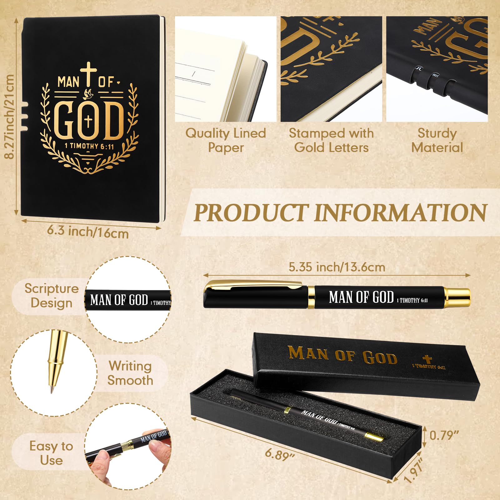 Kosiz 5 Pcs Man of God Father's Day Christian Gifts for Men Leather Journal Notebook Cross Keychain Waterproof Pocket Flashlight with Clip Bible Verse Pen with Pen Box Pastor Baptism Gifts