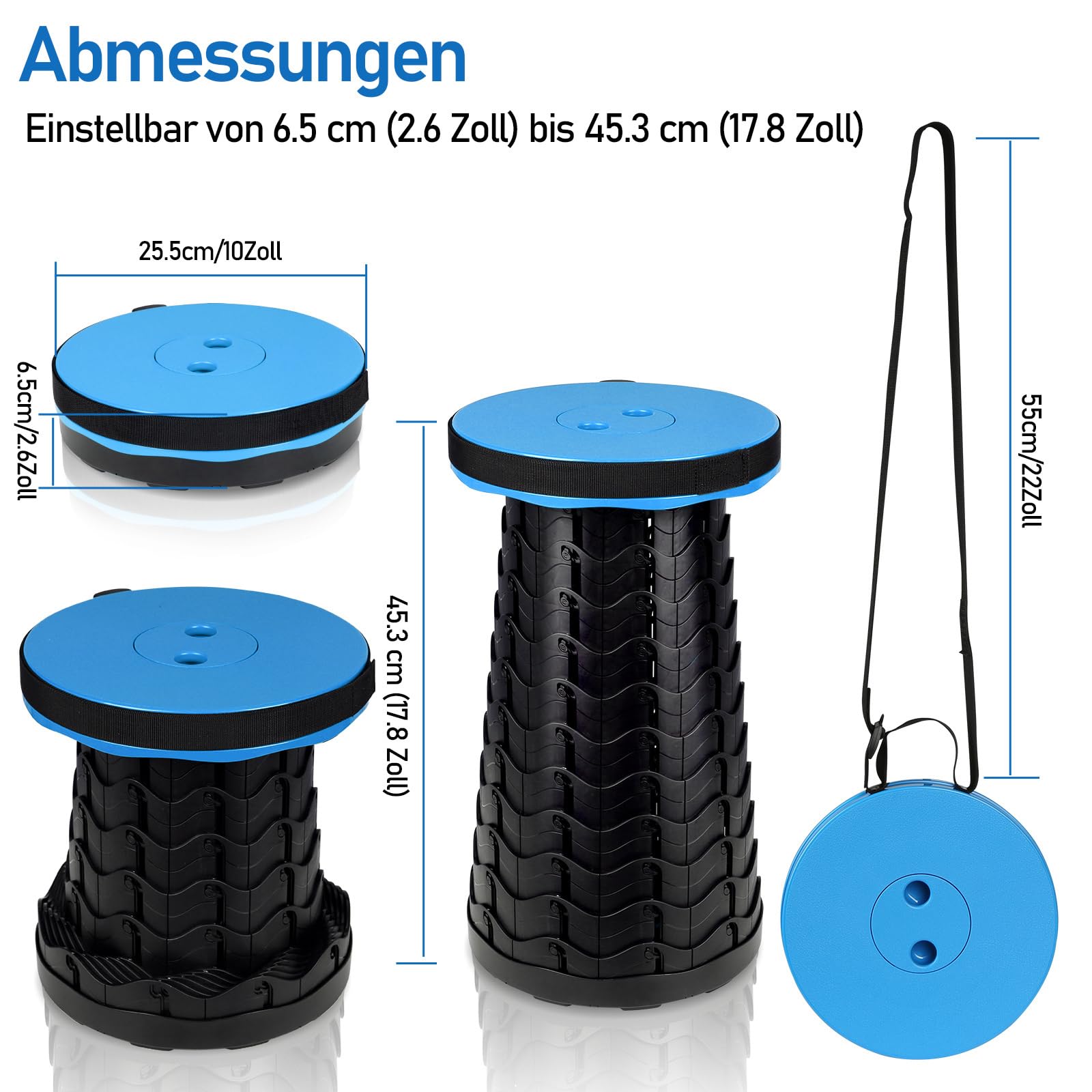 Sgabello telescopico pieghevole portatile da campeggio, regolabile in altezza e stabile, portata fino a 150 kg, compatto per esterni, giardino e viaggi, blu