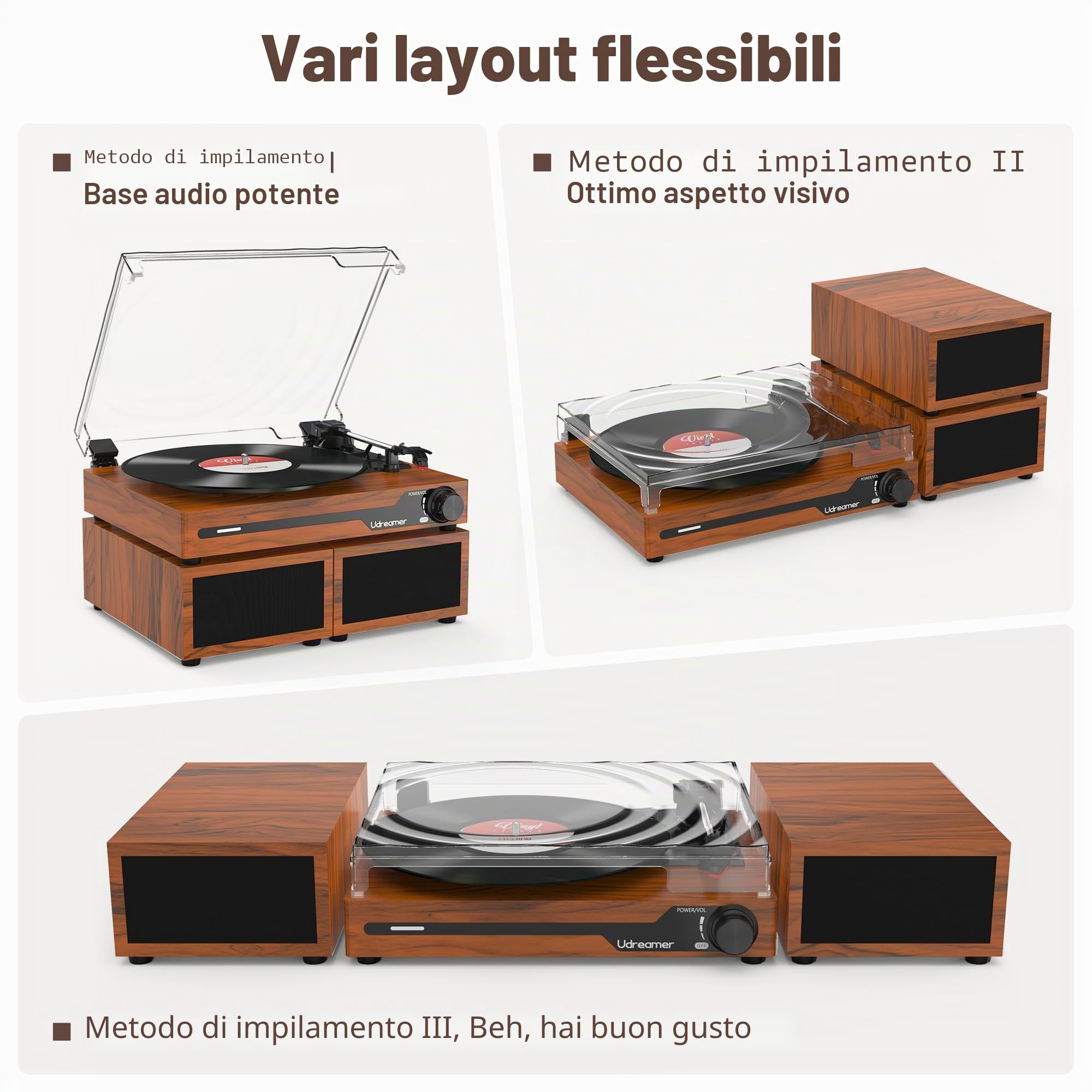 Udreamer Giradischi Vintage Bluetooth 5.3 con 2 Altoparlanti Stereo, 3 Velocità, AUX-in, RCA, USB, Marrone