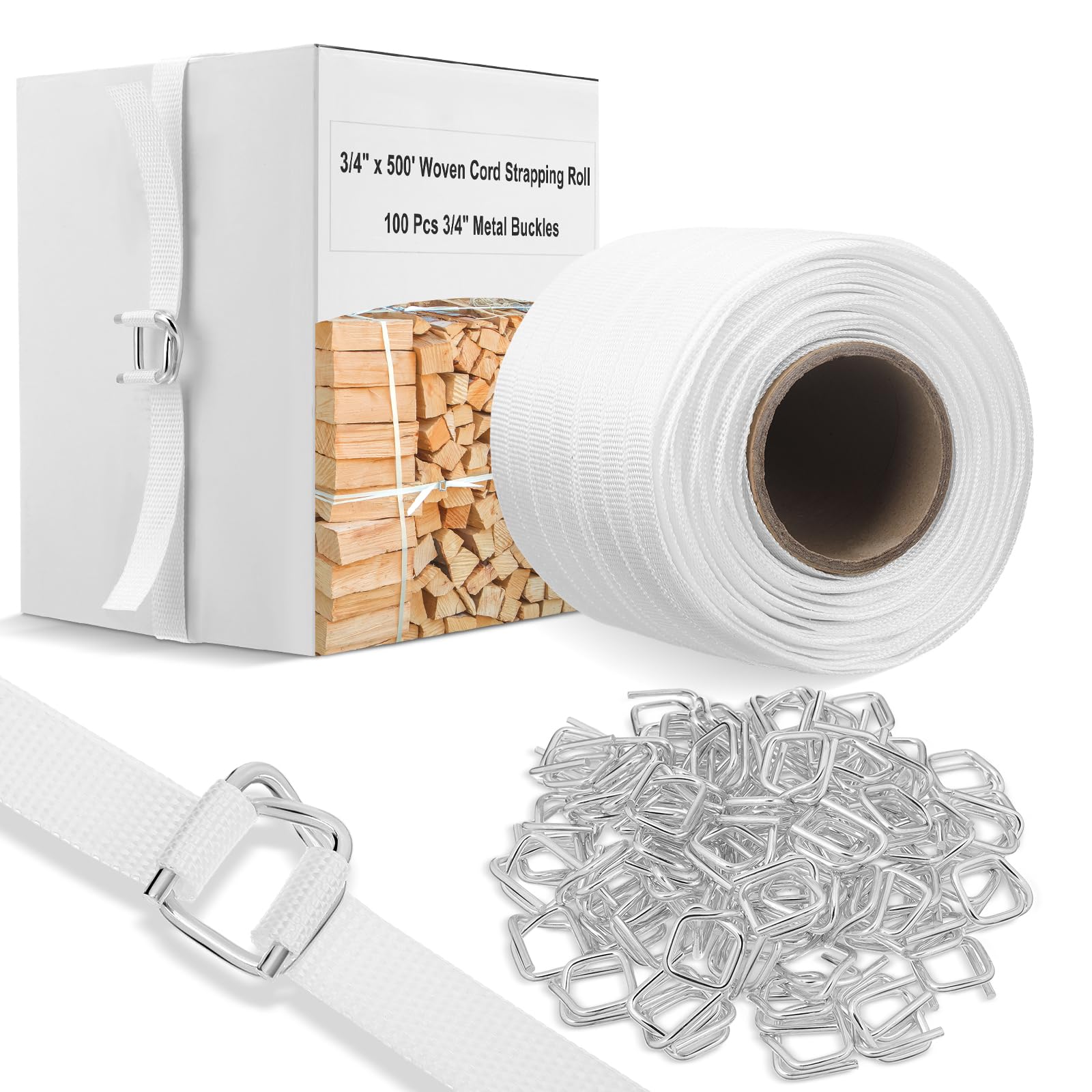 Ribbonlic 3/4" x 500' Woven Cord Strapping Kit, Woven Cord Banding Packaging Strapping Roll and 100 Pack Metal Wire Buckles, 2400 Lbs Break Strength