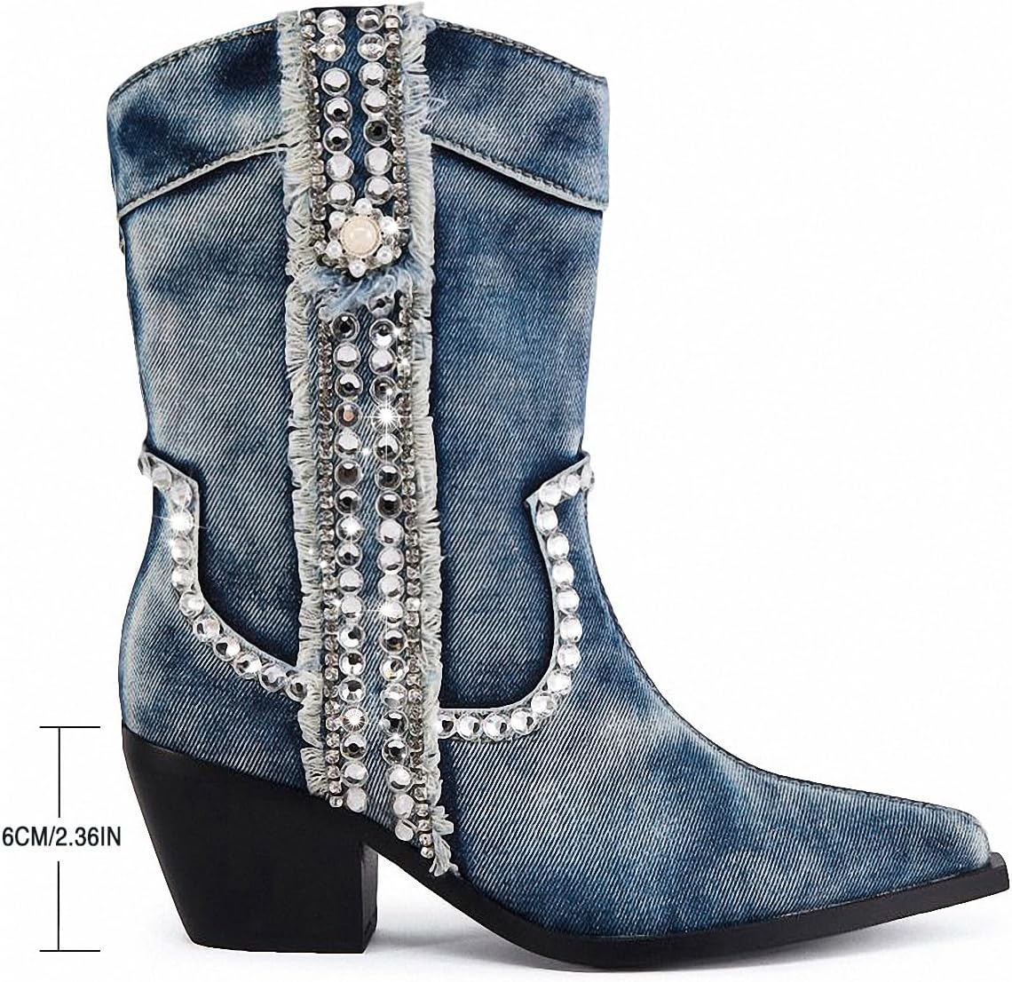 Women Denim Rhinestones Cowboy Mid Calf Boots Almond Pointed Chunky Block Heel Sparkly wide calf Western Boots - Image 5