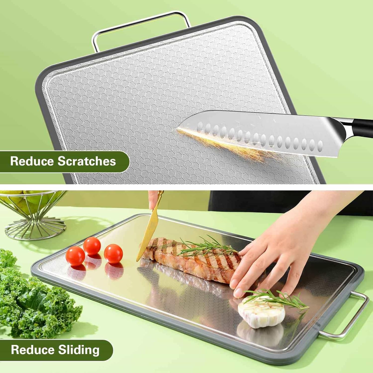 Stainless Steel Cutting Board 16''×11'', Double Sided 304 Steel Cutting Board for Meat, Vegetables & Fruits, Heavy Duty Rust-Resistant Chopping Board for Kitchen with Juice Groove on Both Sides