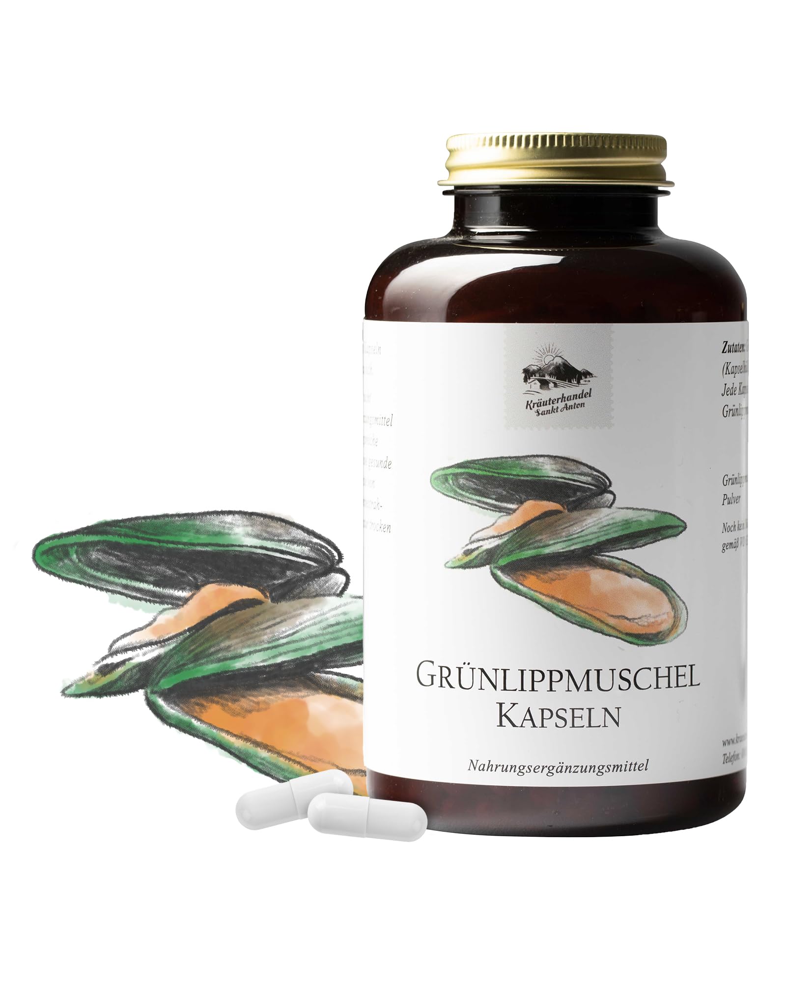 KRÄUTERHANDEL SANKT ANTON - Grünlippmuschel Kapseln, 150 Kapseln für 1-3 Monate, Nahrungsergänzungsmittel mit Grünlippmuschel-Konzentrat, 500 mg pro Kapsel, Premium Qualität
