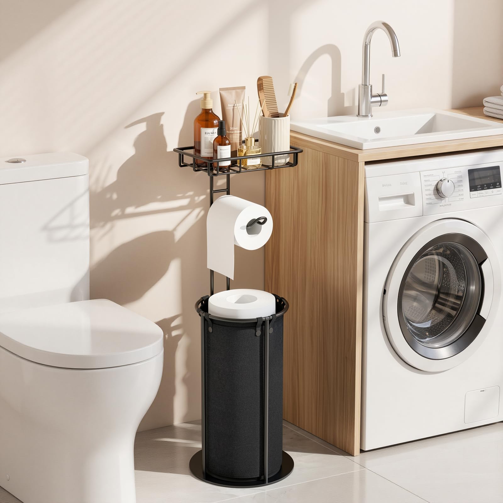 Lewondr Free Standing Toilet Paper Holder with Shelf, Black — Amazon image 7