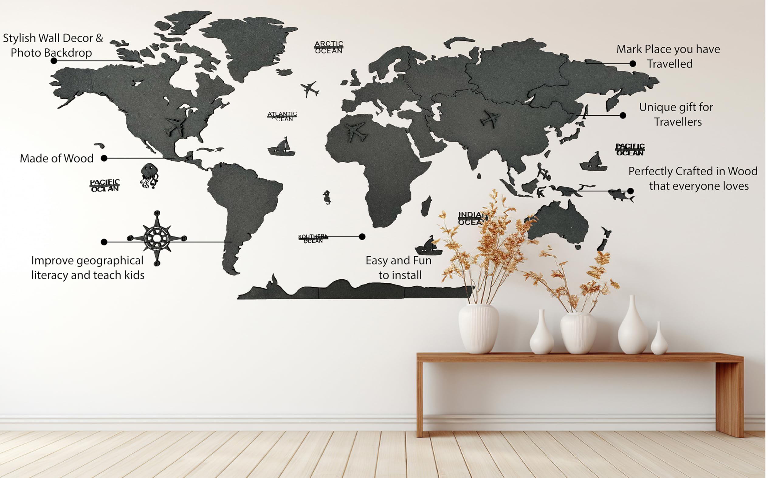 Elk 3D Wooden World Map Wall Decor for Living Room Office Size M 120x69 CM 3