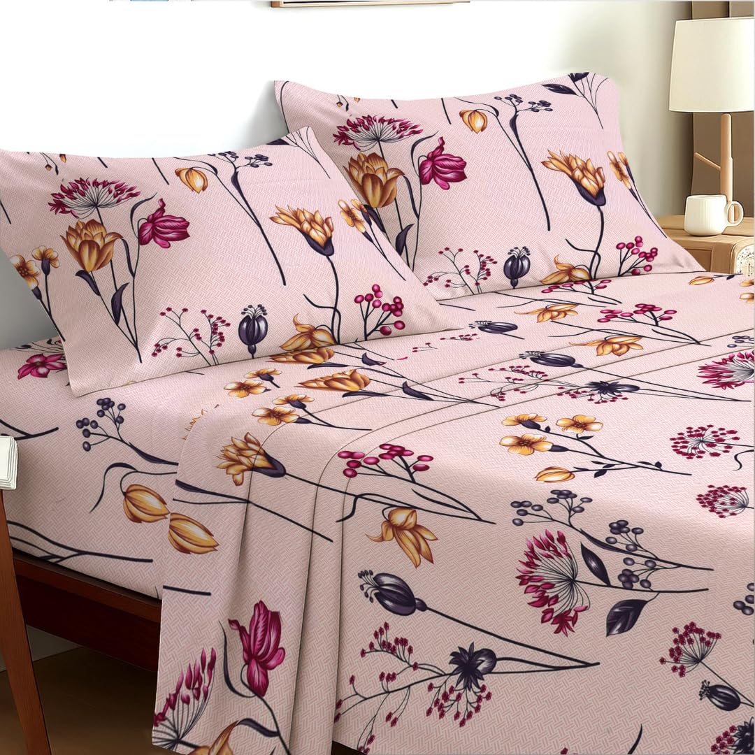EverSoft Bedding Small Double 3-Piece Bed Sheet Set Elegant Floral Print Flower Design 35cm Extra Deep Pocket Premium Soft Luxury Flat & Fitted Sheet with 1 Pillowcases Spring Meadow