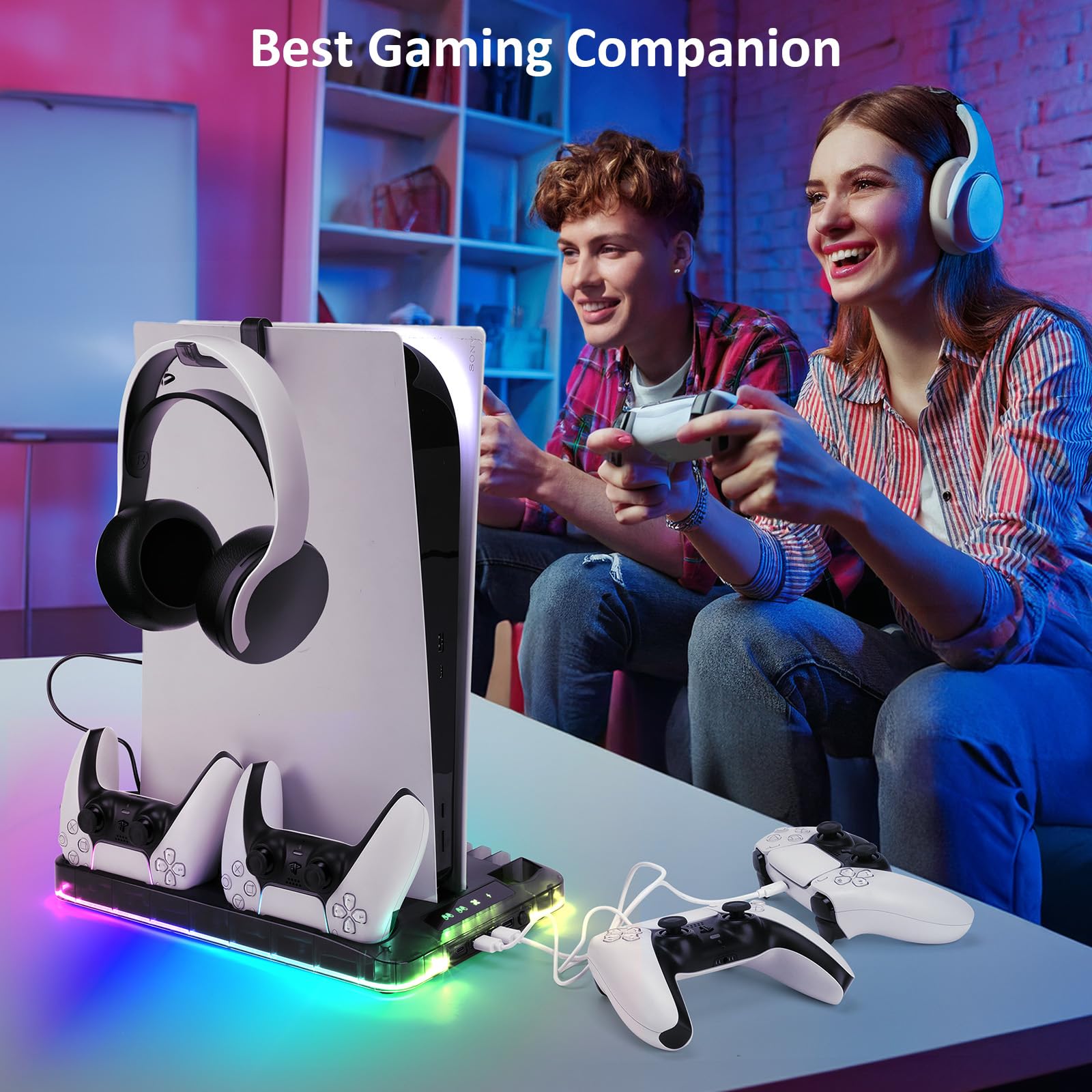 Supporto PS5/PS5 Slim/PS5 Pro con Ventola & Luce RGB, Trasparente PS5 Stazione di Raffreddamento Supporto di Ricarica con Controller Ricarica Stazione di ricarica per PS5/Slim/Pro Disco &Digital