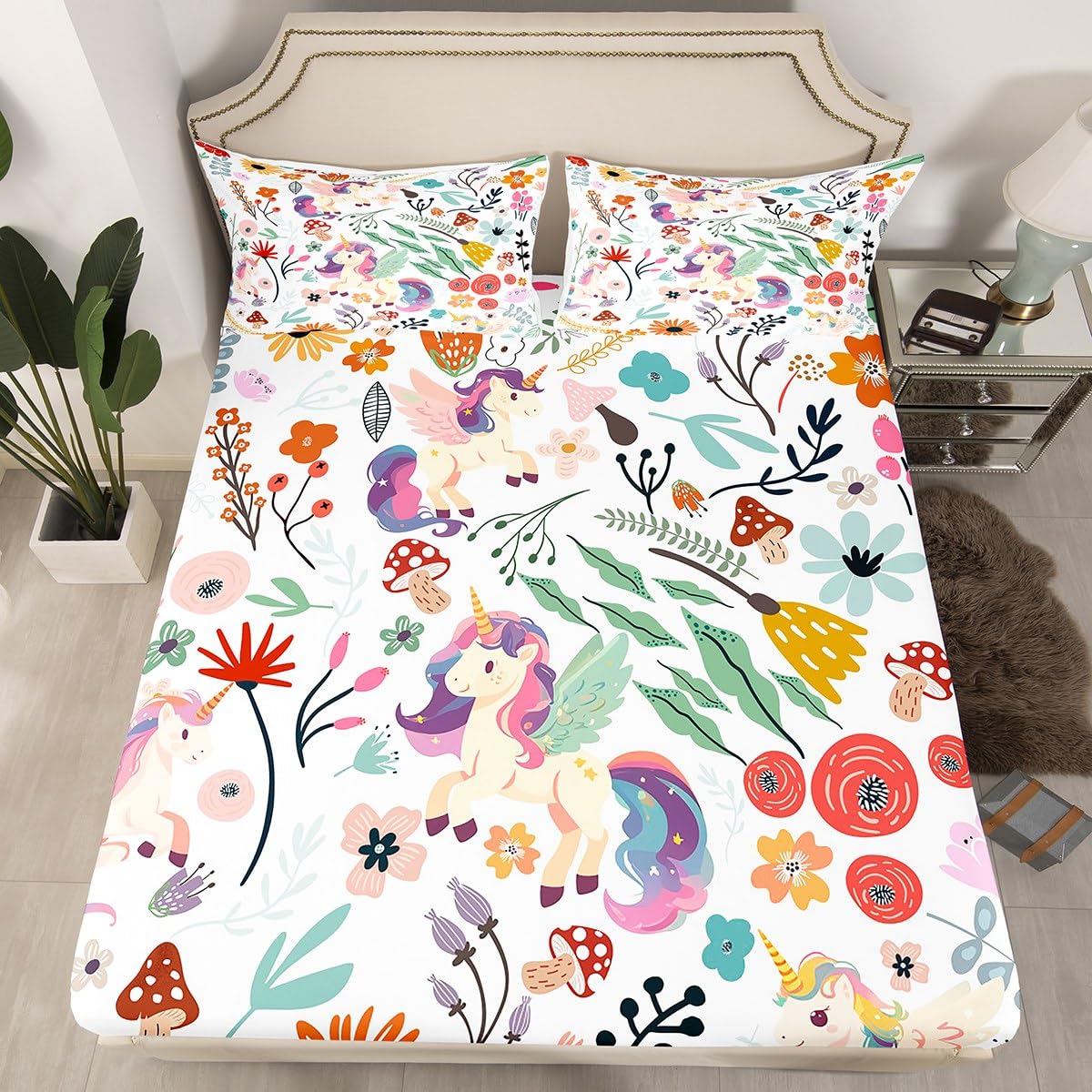 Homewish Lenzuolo con angoli 90 x 190 cm, motivo: unicorno, Kawaii, lenzuolo con angoli con foglie