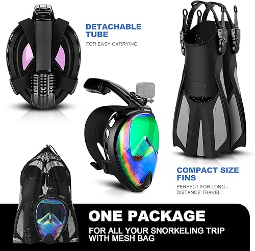 Miniatura 8 de Odoland Paquetes de esnórquel, juego de máscara completa de esnórquel con soporte para cámara, protección UV 400, aletas de natación ajustables,