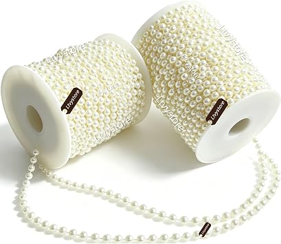 2 Rolls 82Ft 6MM Beige Faux Pearl String Garland, Artificial Pearl Bead Strand for Wedding Centerpieces, Bridal Bouquet, Party DIY Crafts Home Decoration