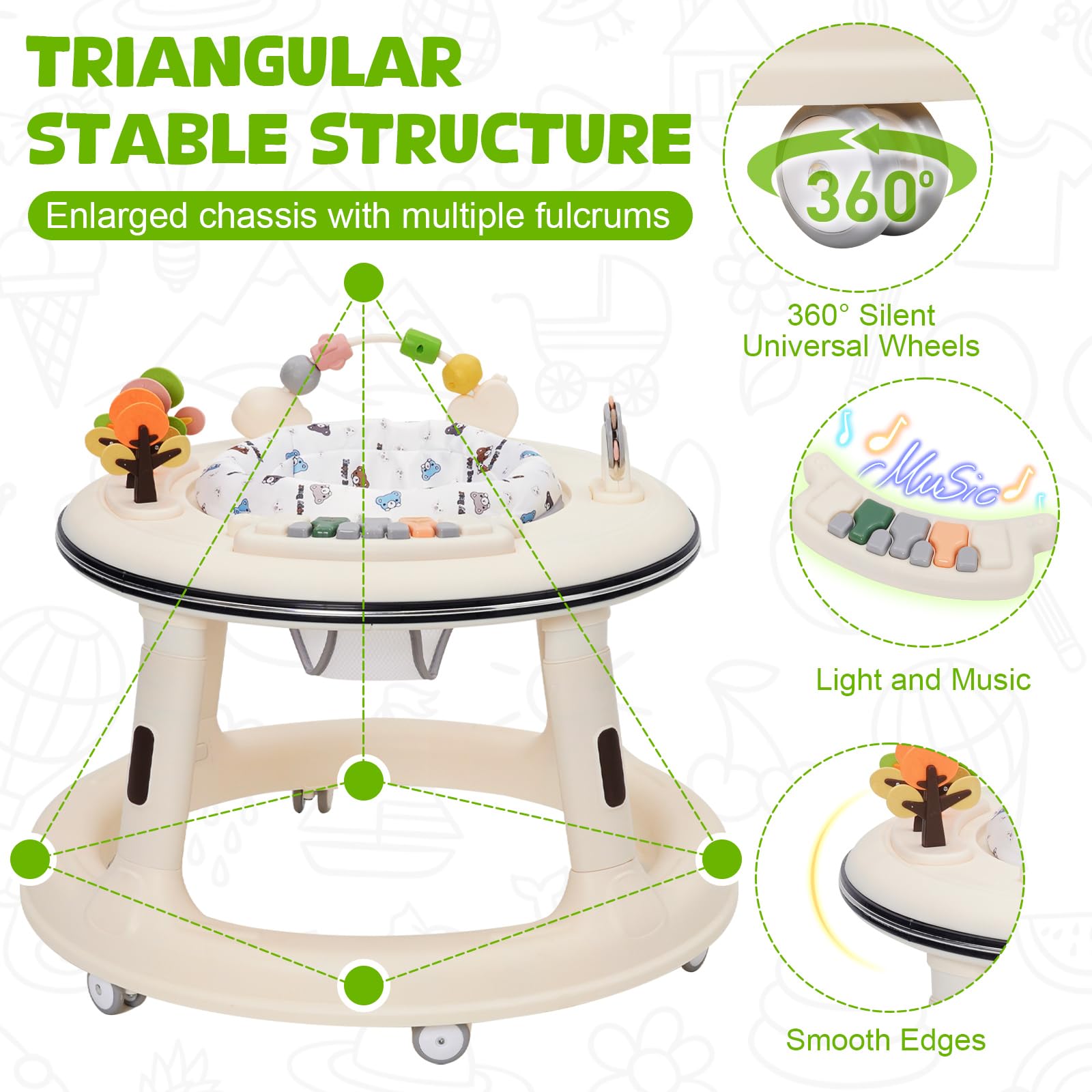 Trotteur Bébé, Réglable en Hauteur avec Siège Pivotant à 360°, Babywalker avec Roues Silencieuses à 360° et Plateau D'activités Musical Amovible,Anti-renversemen,9-18 Mois et Plus