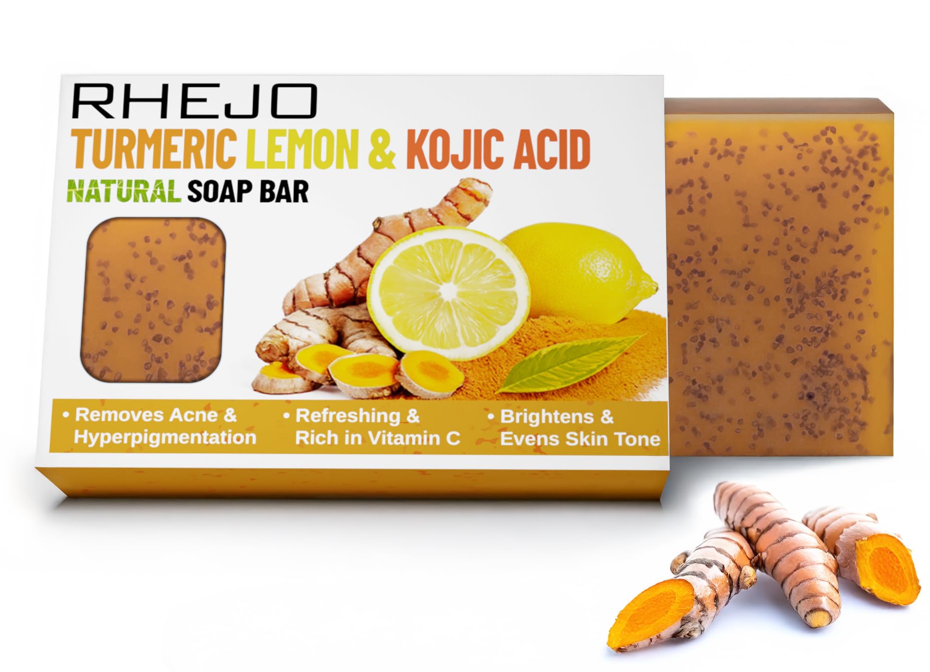 Turmeric Kojic Acid Lemon Soap - Skin Lightening Soap, Dark Spot and Acne Remover, Enriched with Vitamin C, Natural Soap Bar, Vegan Organic and Cruelty Free, 100g