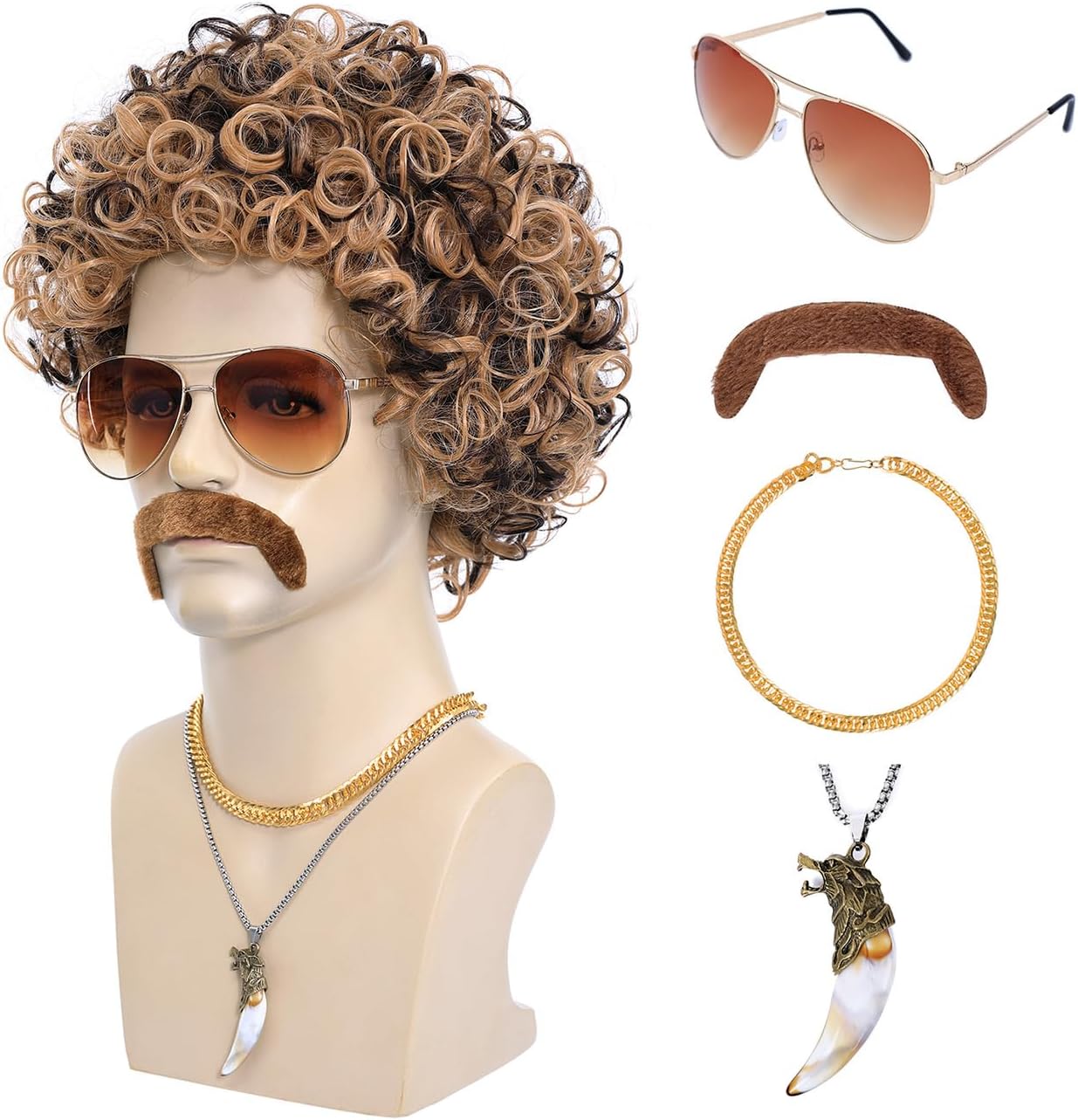 6pcs Set 70s 80s Disco wig with Mustache Glasses Artificial Wolf Necklace Golden Chain Short Curly Hair Afro Mens Wig for 60s Hippies Costume Cosplay Halloween Party (Blonde Mixed Brown)