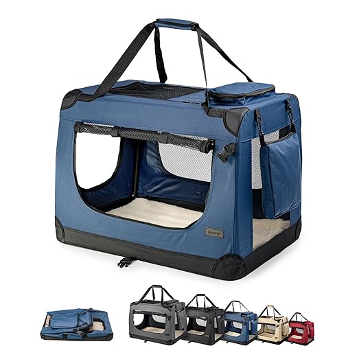 lionto Foldable Dog Transport Box for Travel and Car, 50 x 34 x 36 cm, Sturdy Transport Box, Carry Handles and Blanket for Cats, Dogs up to 10 kg, Robust Fabric Dog Box, Dark Blue