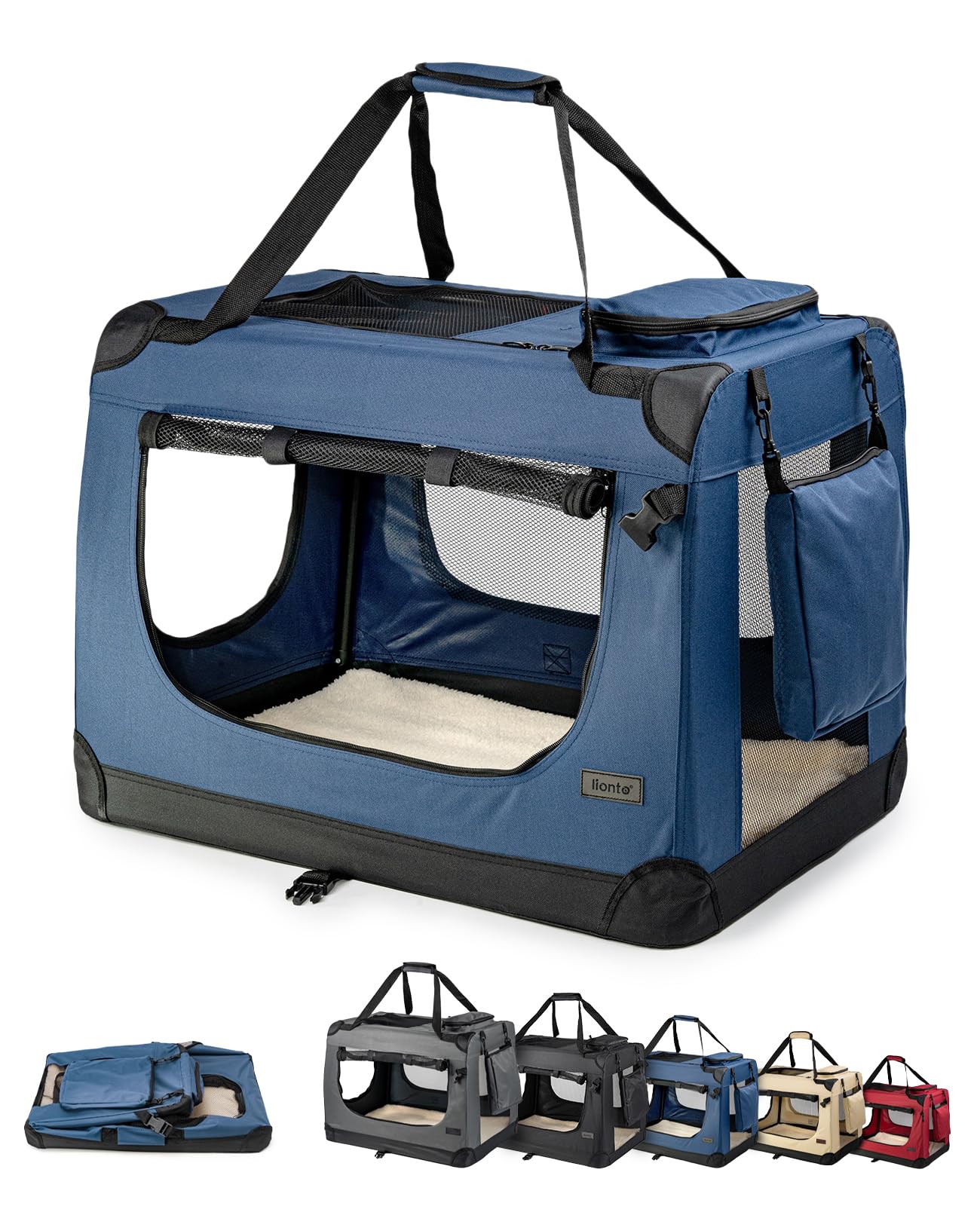lionto Borsa trasportino per cani pieghevole per viaggi e auto, 70x52x50 cm, box di trasporto stabile con maniglie per gatti e animali fino a 15 kg, scatola in tessuto, blu scuro