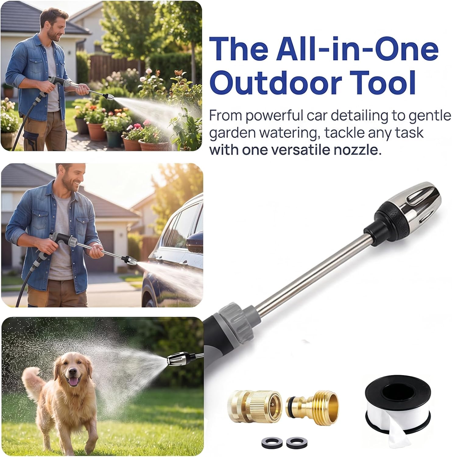Pressure Nozzle Washer, 360° Rotating Nozzle, 3 Spray Modes, Tool-Free Installation of Durable and Rust-Resistant Brass Connectors, Car Patio Furniture Cleaning