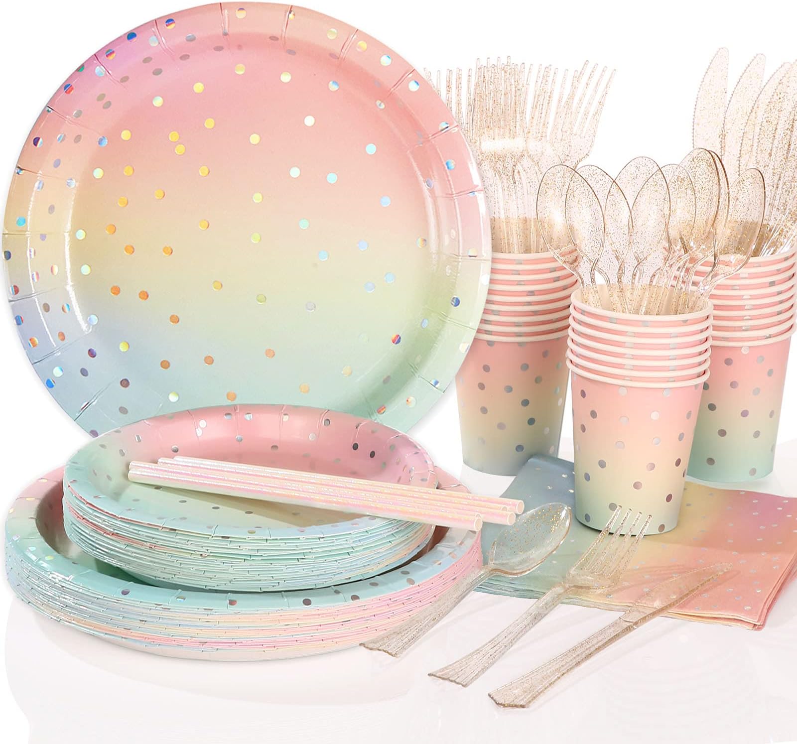 200 PCS Rainbow Party Decorations,Sliver Dot Rainbow Plates,Pastel Paper Plates Pastel Party Supplies for Birthday Baby Shower Wedding Rainbow Party,Serves 25