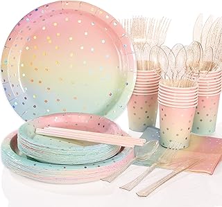 Sliver Dot Disposable Paper Party Plates Set 25 Dinner Plates, 25 Dessert Plates, 25 Cups, 25 Napkins, 25 Straws Dinnerware Set for Birthday Baby Shower Wedding Rainbow Party - (Serves 25)