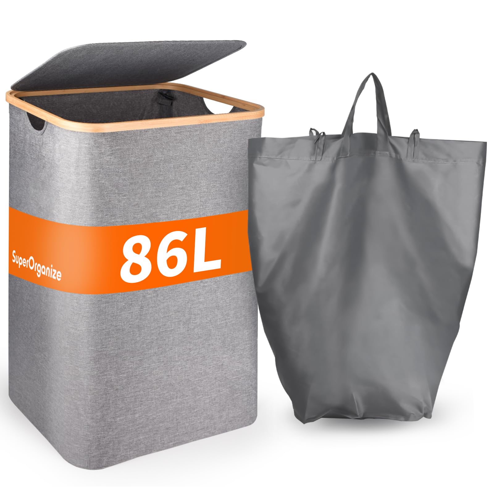 Cesto portabiancheria con coperchio, 86 l, con manici in bambù e borsa interna rimovibile, cesto per vestiti sporchi, per camera da letto, armadio, bagno, grigio