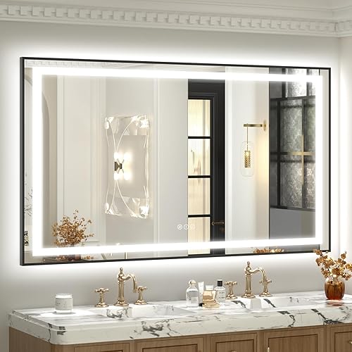 Miniatura 29 de OKPAL 50x30 Espejo de baño LED con marco negro, espejo iluminado para tocador de baño, iluminación frontal y trasera, regulable, antivaho, 3 Negro