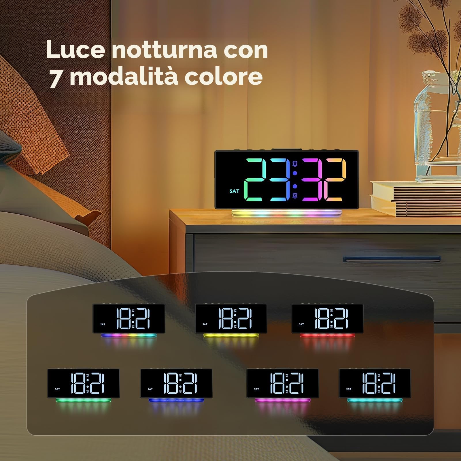 Sveglia da Comodino con Display Digitale a 8 Colori, Snooze, 2 Allarme, Luce Notturna RBG a 7 Colori,4 Livelli di Luminosità, Volume Regolabile, Nero