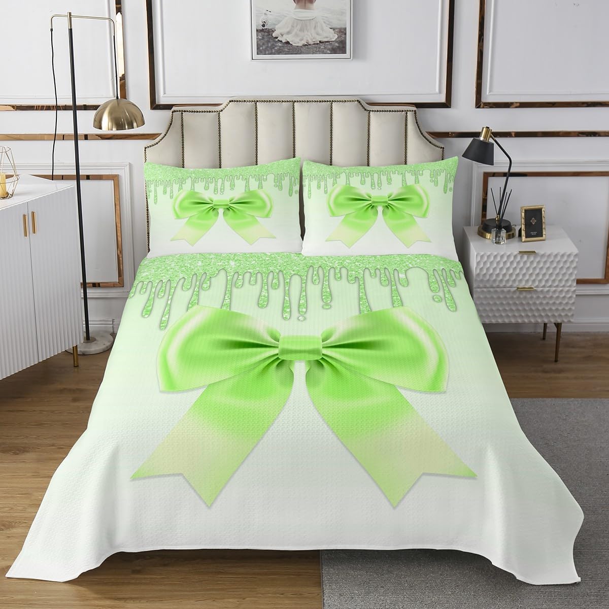 Erosebridal Cute Ribbon Bowknot Quilt Set Simple Green Ink Fluid Art Bedspread Set Queen, Watercolor Bow Knot Coverlet Set Princess Bow Tie Quilted, Kawaii Room Decor